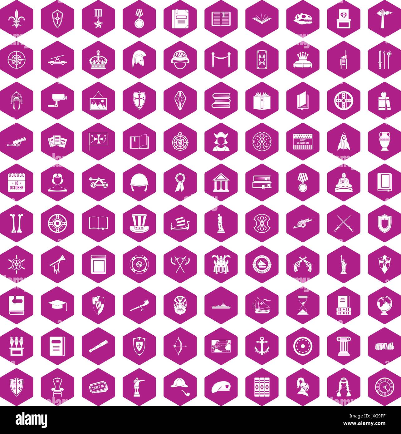100 history icons hexagon violet Stock Vector