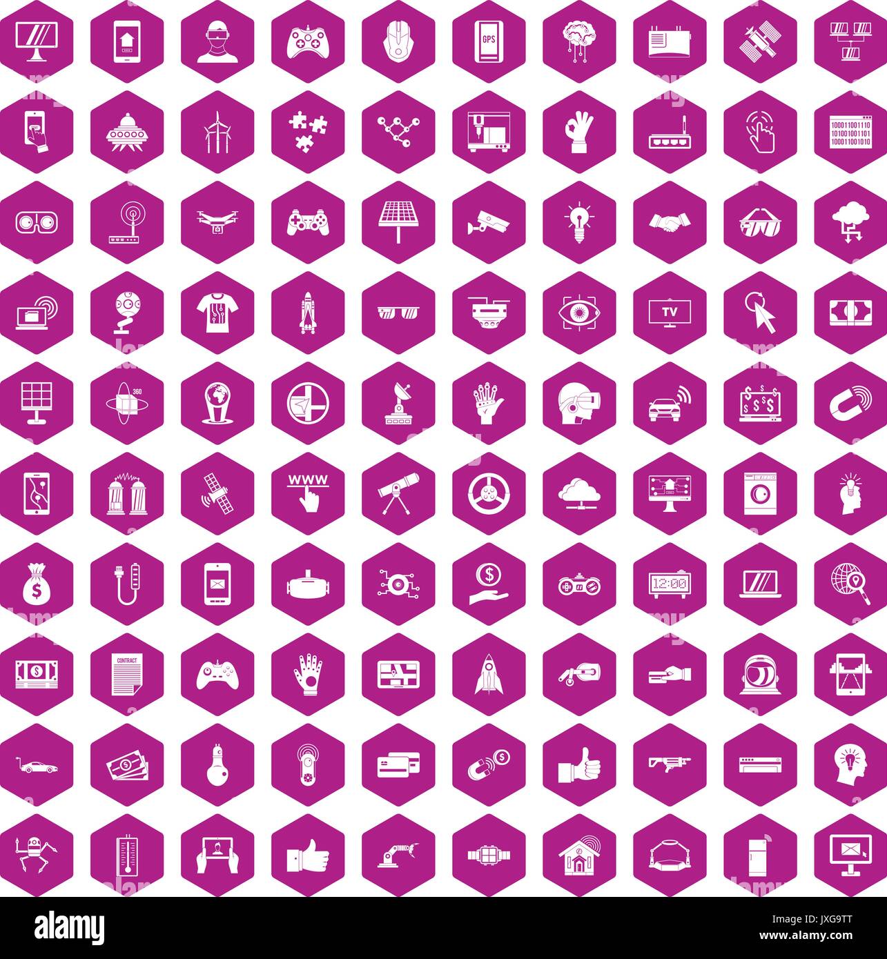 100 hi-tech icons hexagon violet Stock Vector