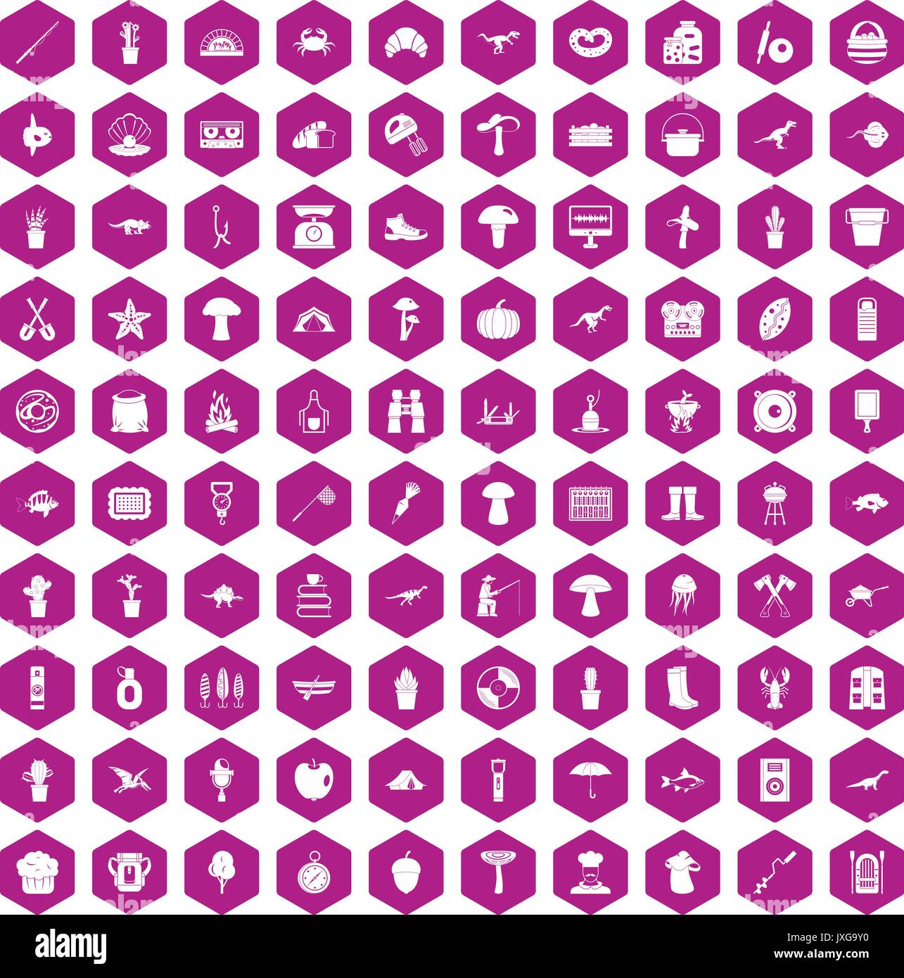 100 hobby icons hexagon violet Stock Vector