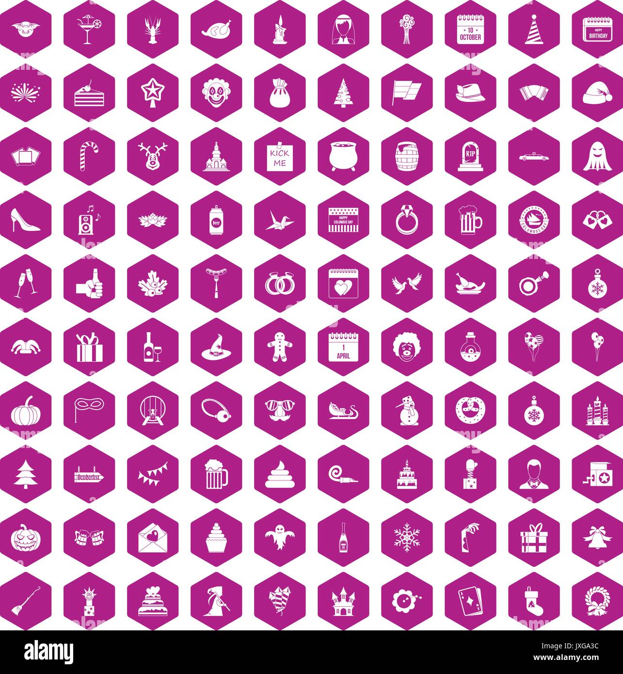 100 holidays icons hexagon violet Stock Vector