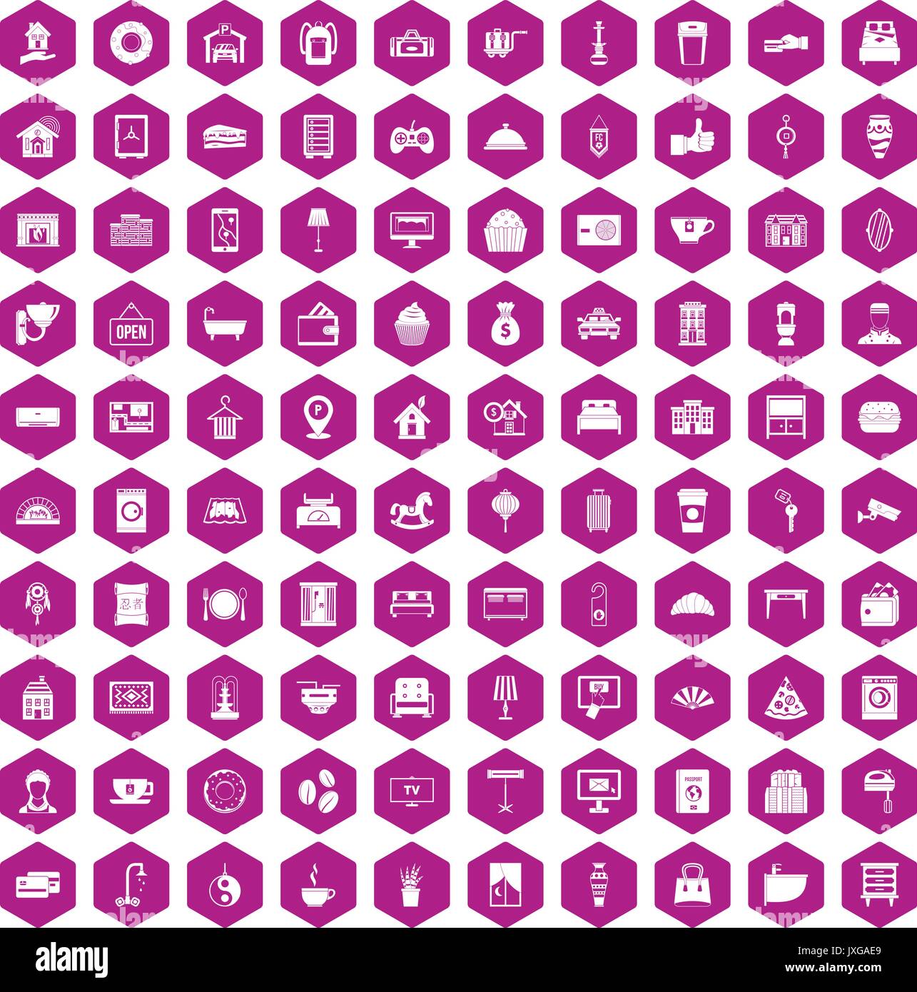 100 hotel icons hexagon violet Stock Vector
