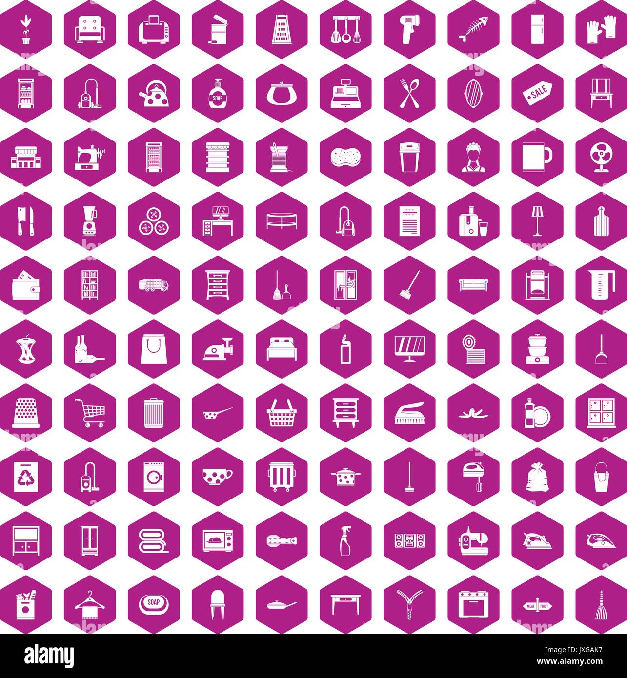 100 housework icons hexagon violet Stock Vector