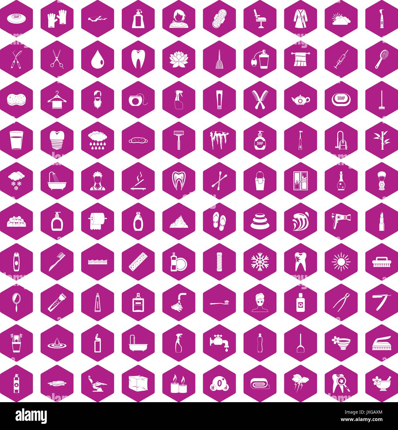 100 hygiene icons hexagon violet Stock Vector