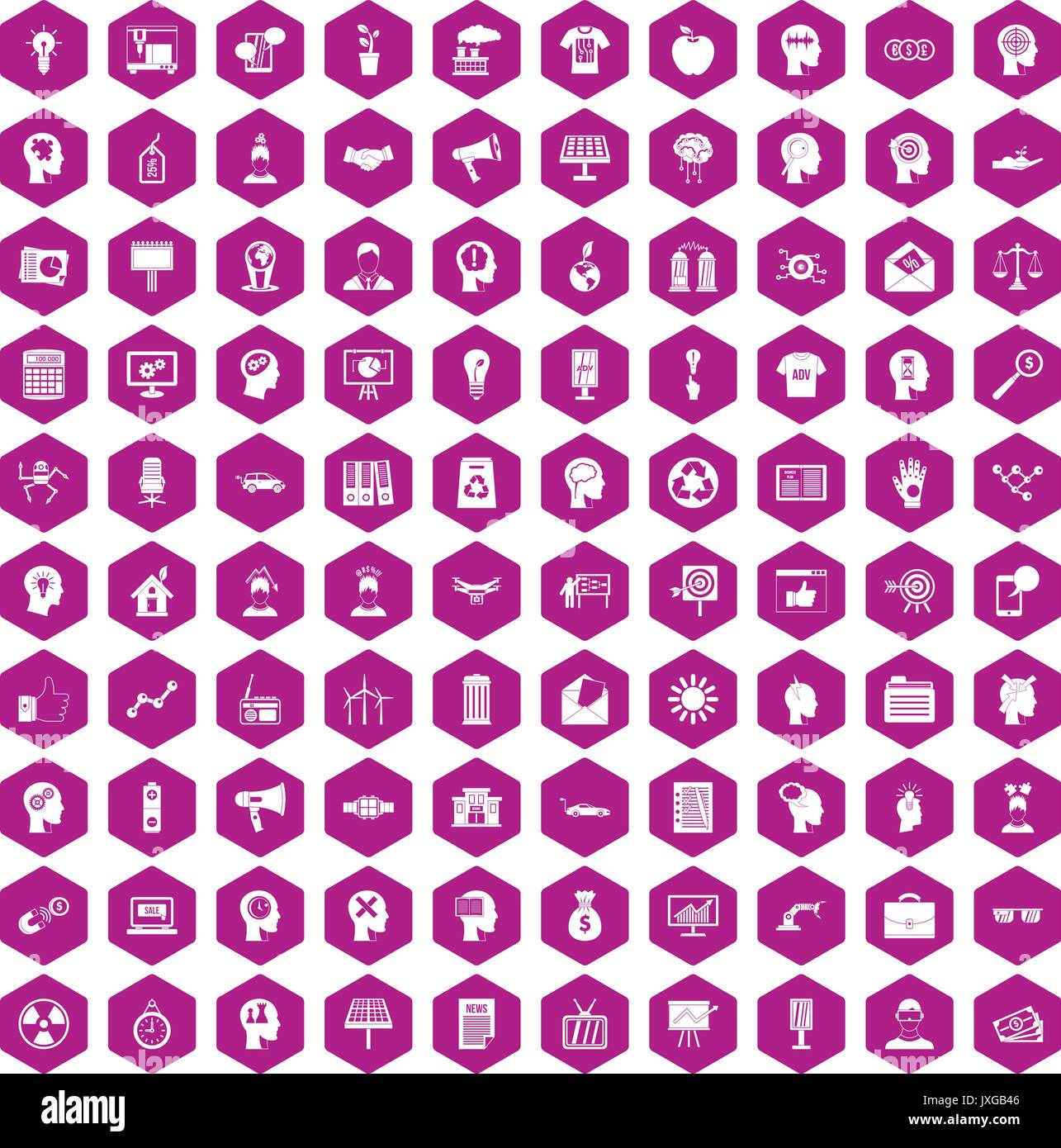 100 idea icons hexagon violet Stock Vector