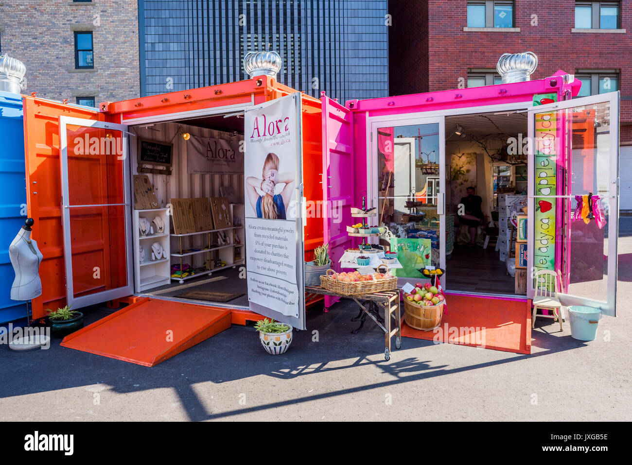 East Village Junction Pop up retail park, an innovative shipping container shopping hub , East Village, Calgary, Alberta, Canada Stock Photo