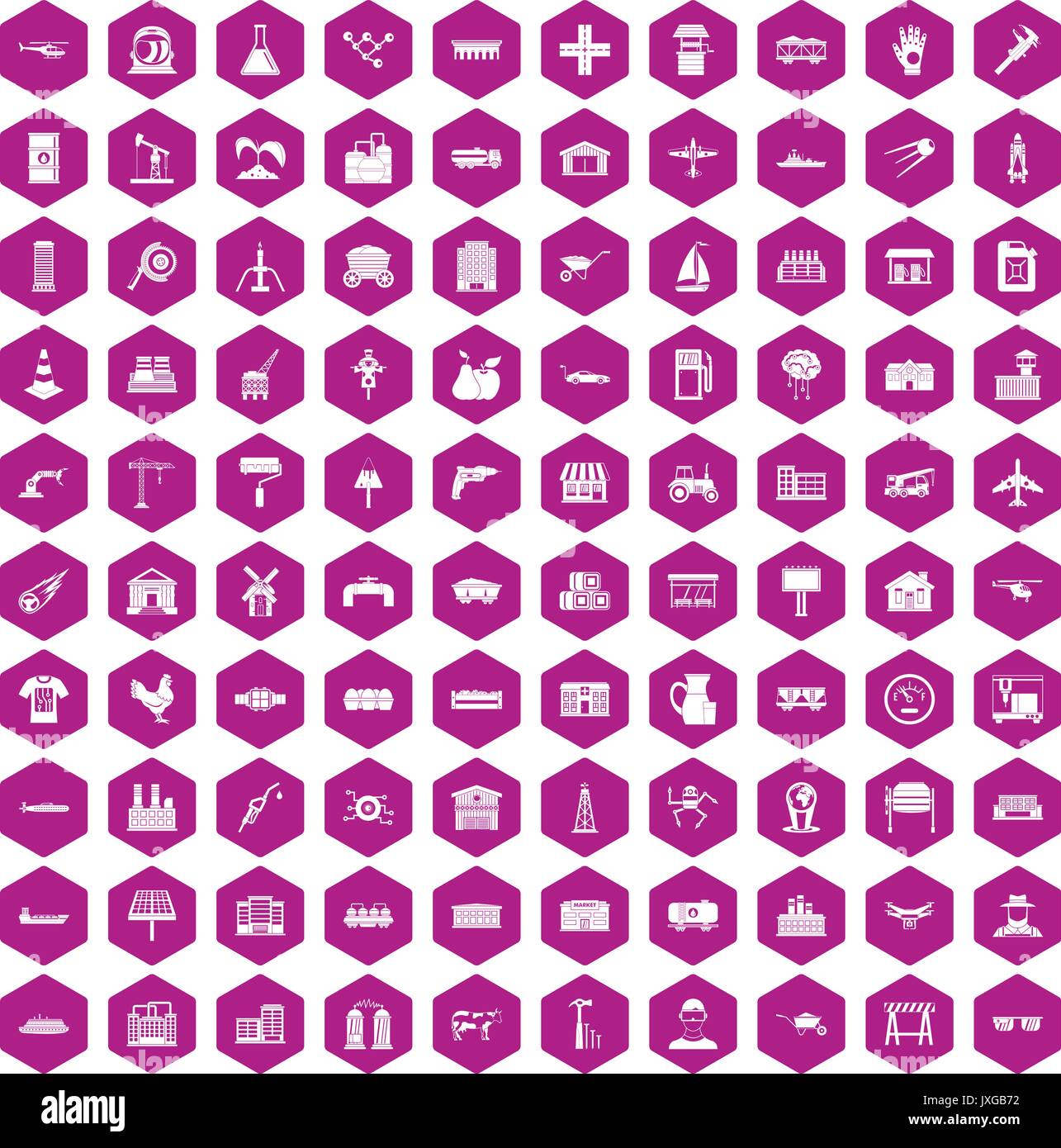 100 industry icons hexagon violet Stock Vector