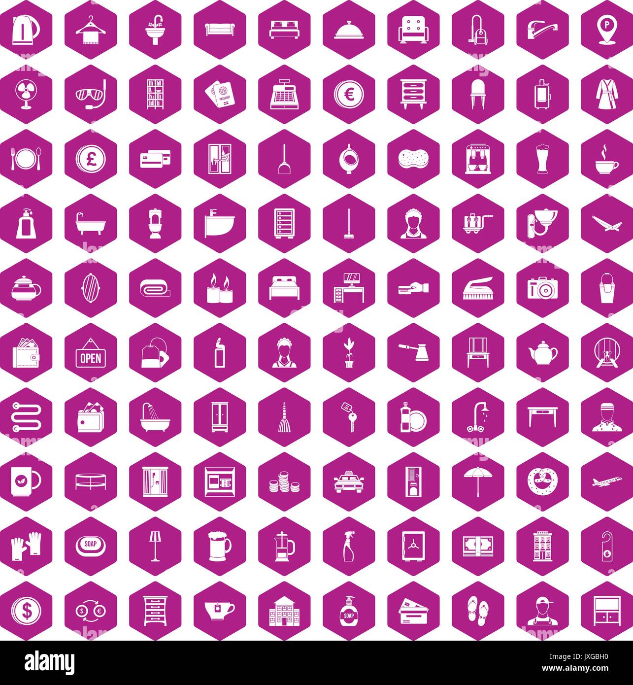 100 inn icons hexagon violet Stock Vector