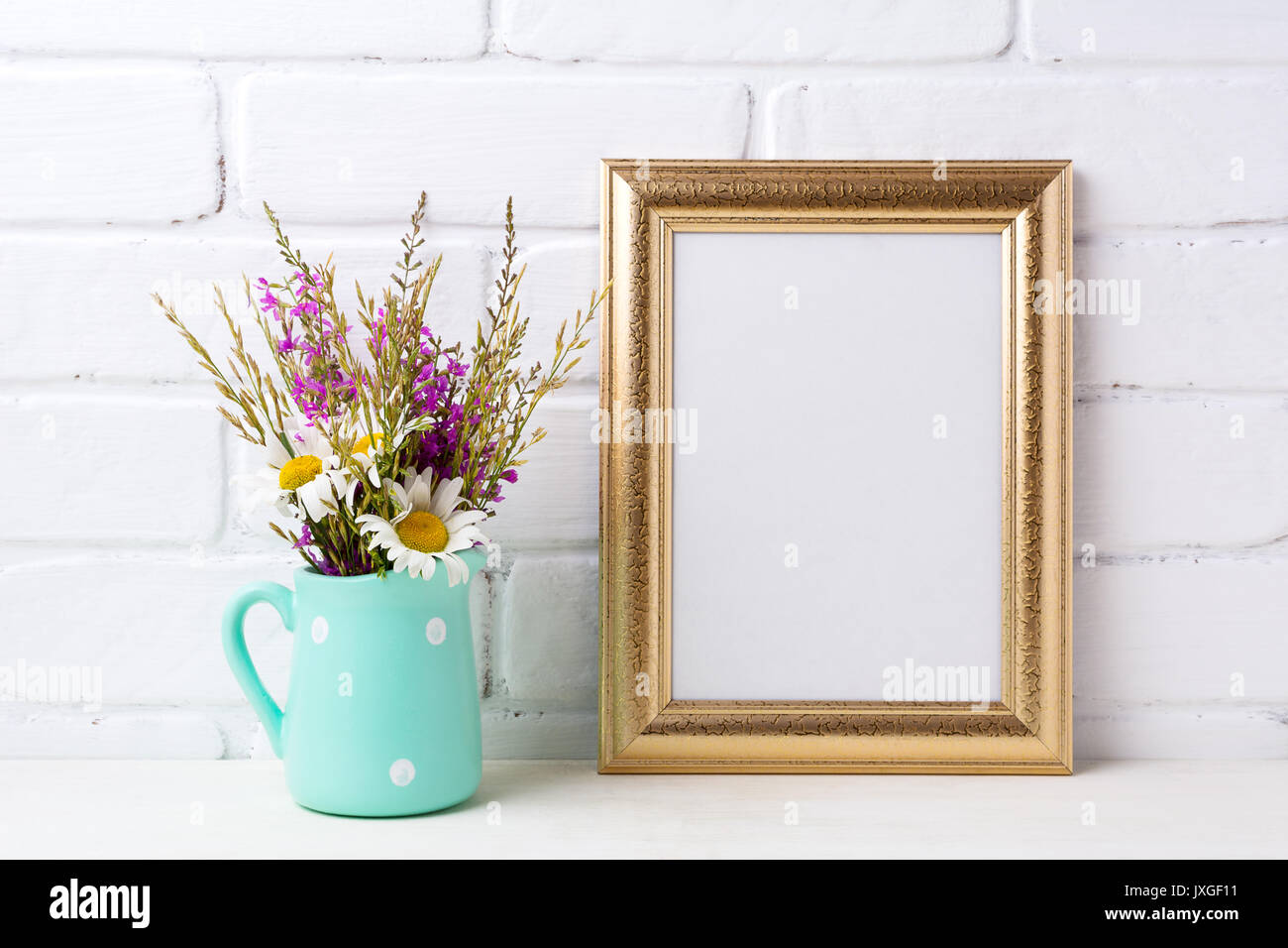 Download Golden Frame Mockup With White Chamomile And Purple Field Flowers In Stock Photo Alamy PSD Mockup Templates
