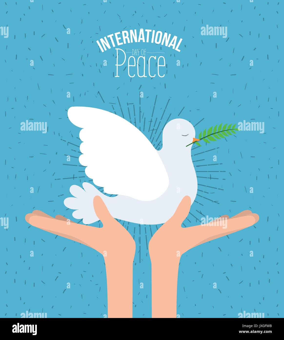 color poster with sparks and hands holding a side view pigeon with olive branch in peak and text international day of peace with linear brightness Stock Vector