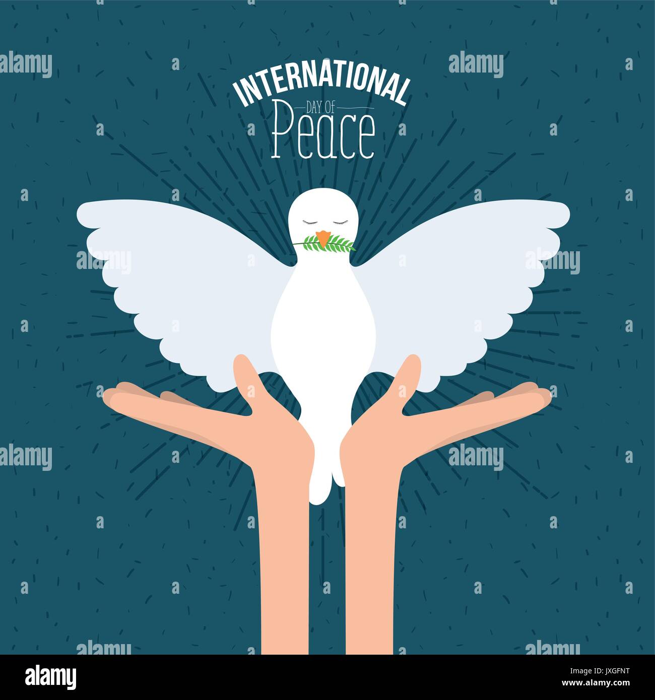 color poster with sparks and hands holding a front view pigeon with olive branch in peak and text international day of peace with linear brightness Stock Vector
