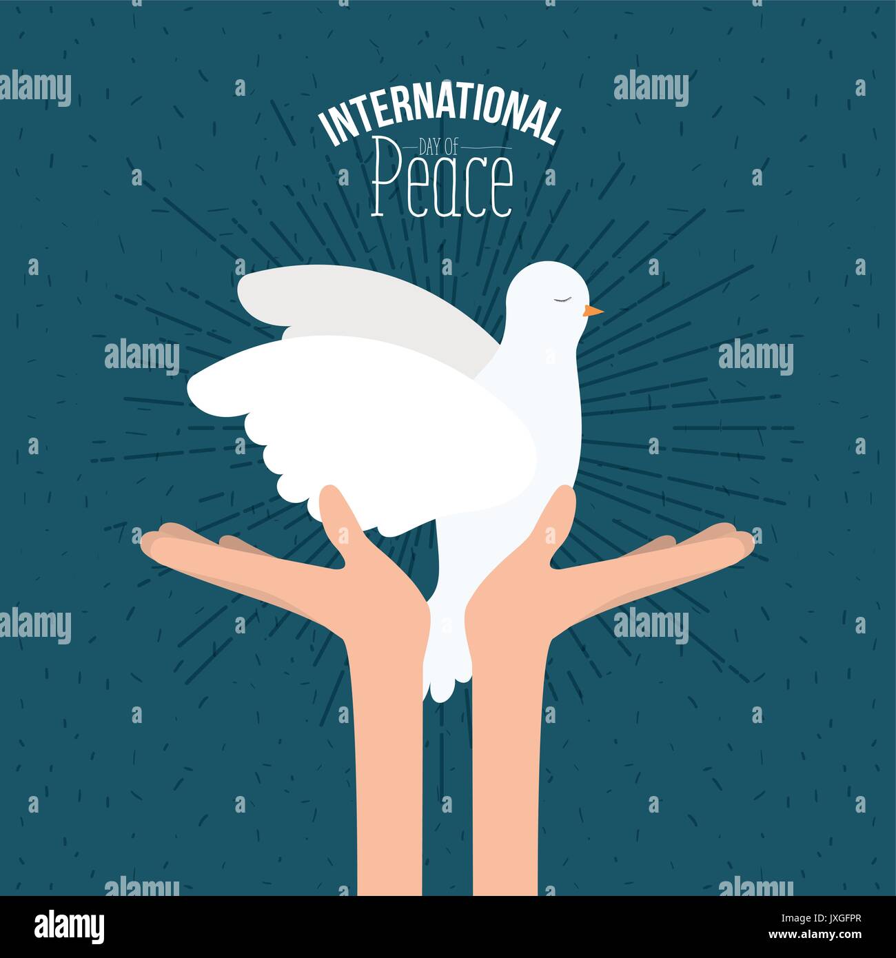 color poster with sparks and hands holding a pigeon with olive branch in peak and text international day of peace with linear brightness Stock Vector