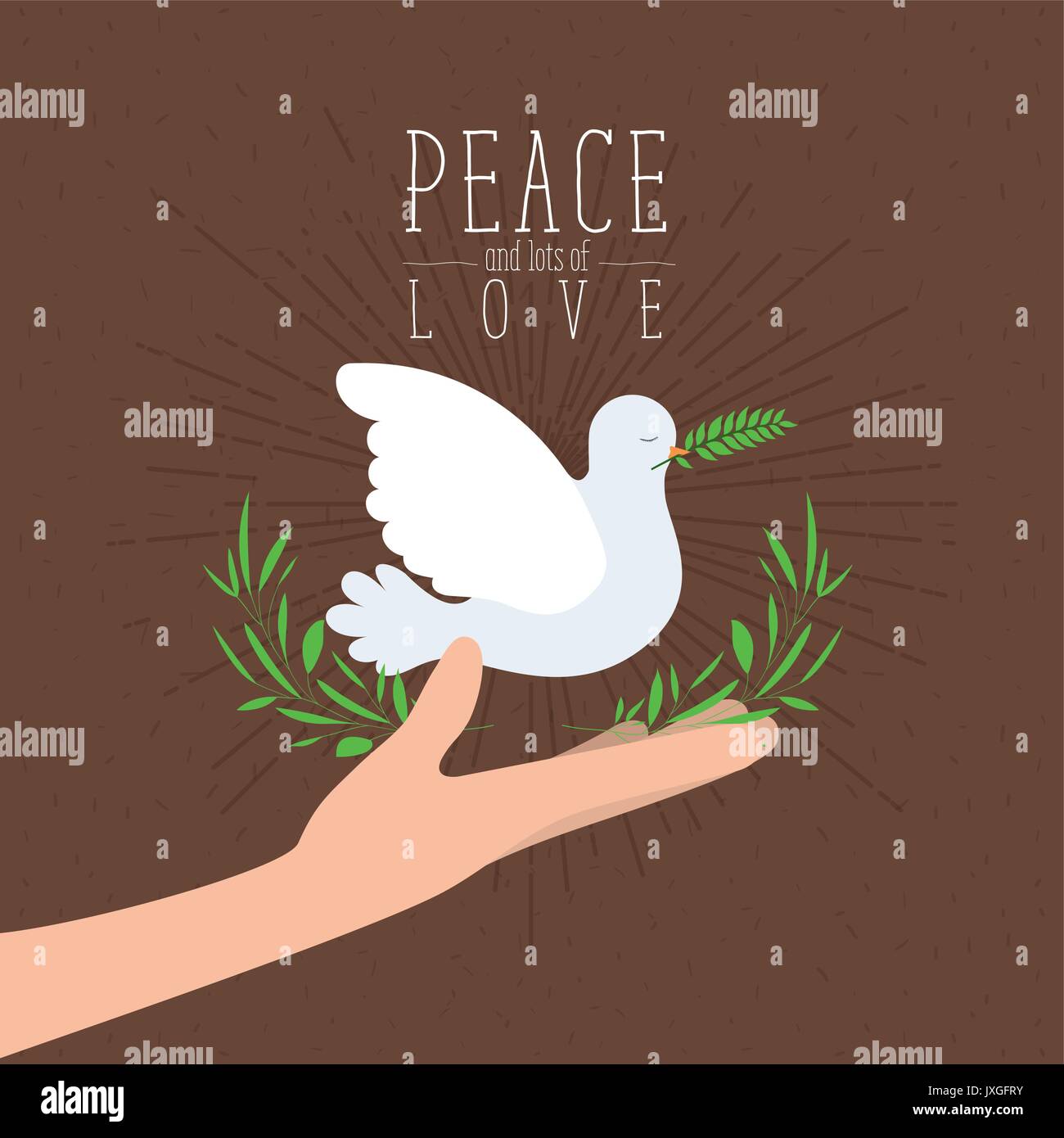 brown color poster with sparks and hand holding a pigeon with olive branch in peak with decorative half crown of leaves and text peace a lots of love with linear brightness Stock Vector