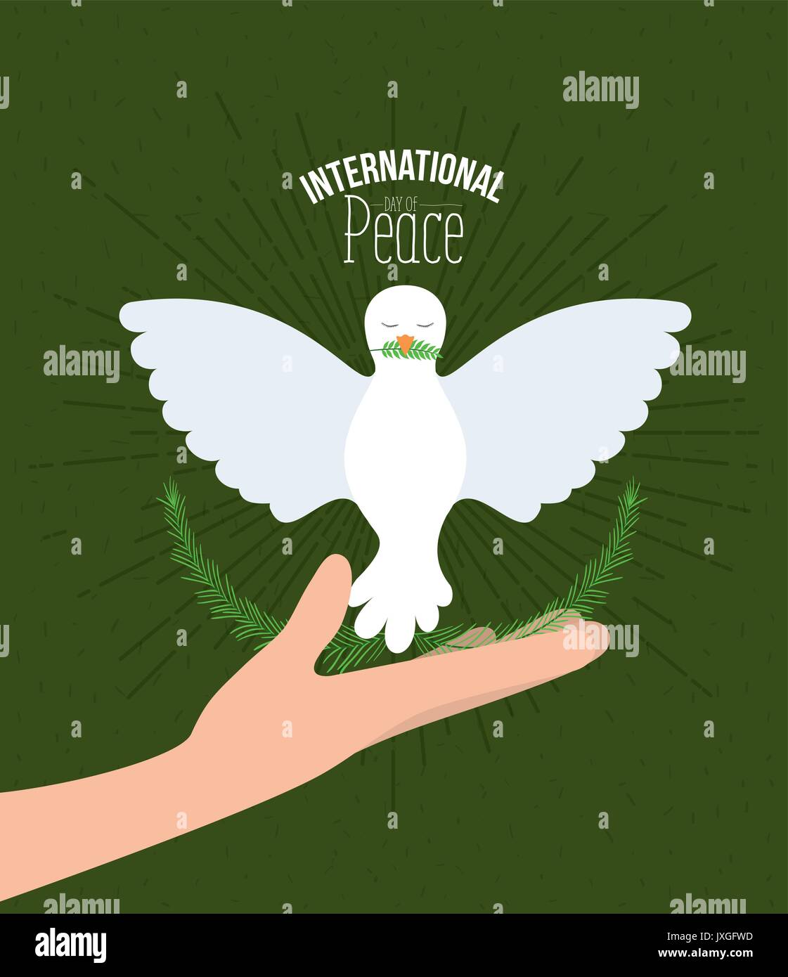 green color poster with sparks and hand holding a pigeon with olive branch in peak with decorative half crown of leaves and and text international day of peace with linear brightness Stock Vector