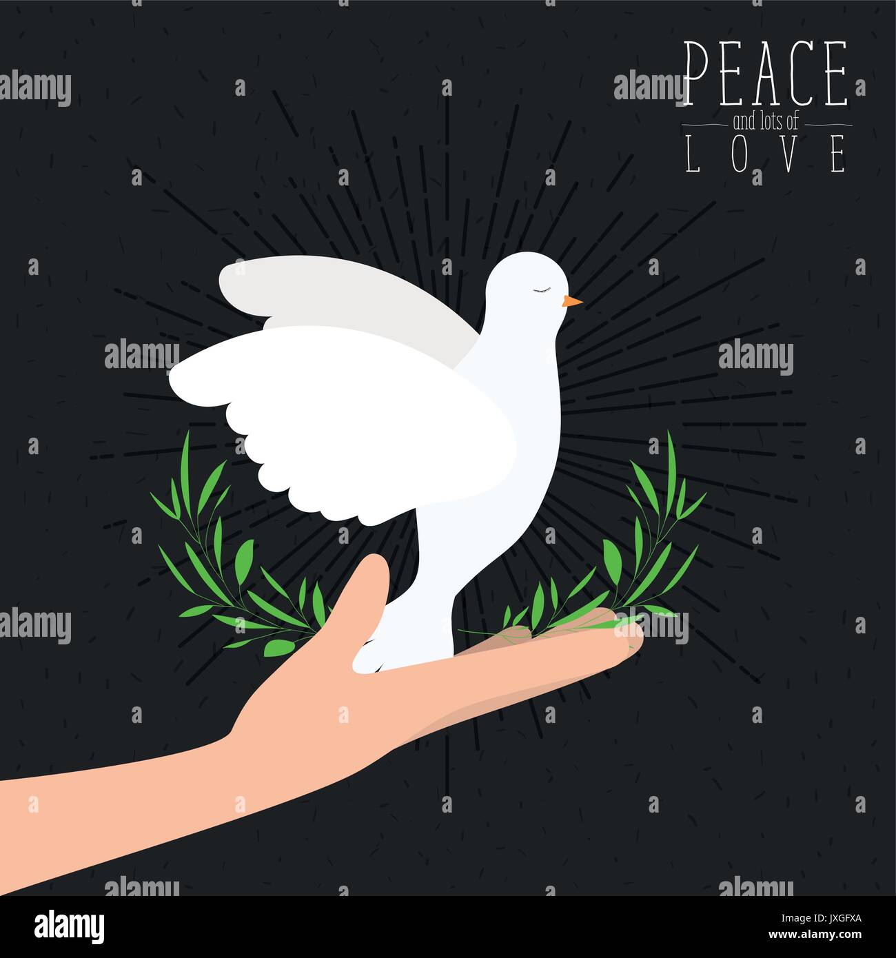 black color poster with sparks and hand holding a pigeon with olive branch in peak with decorative half crown of leaves and text peace a lots of love with linear brightness vector illustration Stock Vector