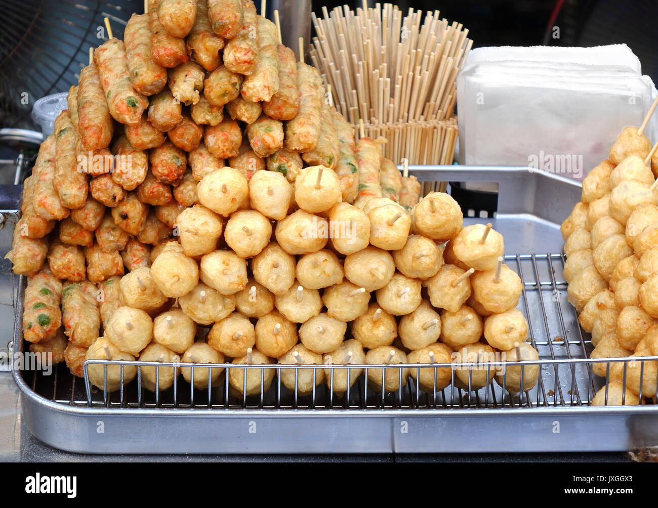 Deep fried balls and fish sausages made from minced fish and flour Stock Photo