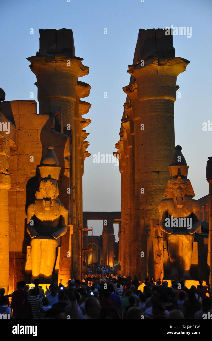 Columns of egypt temples illuminated by lights at night Stock Photo - Alamy