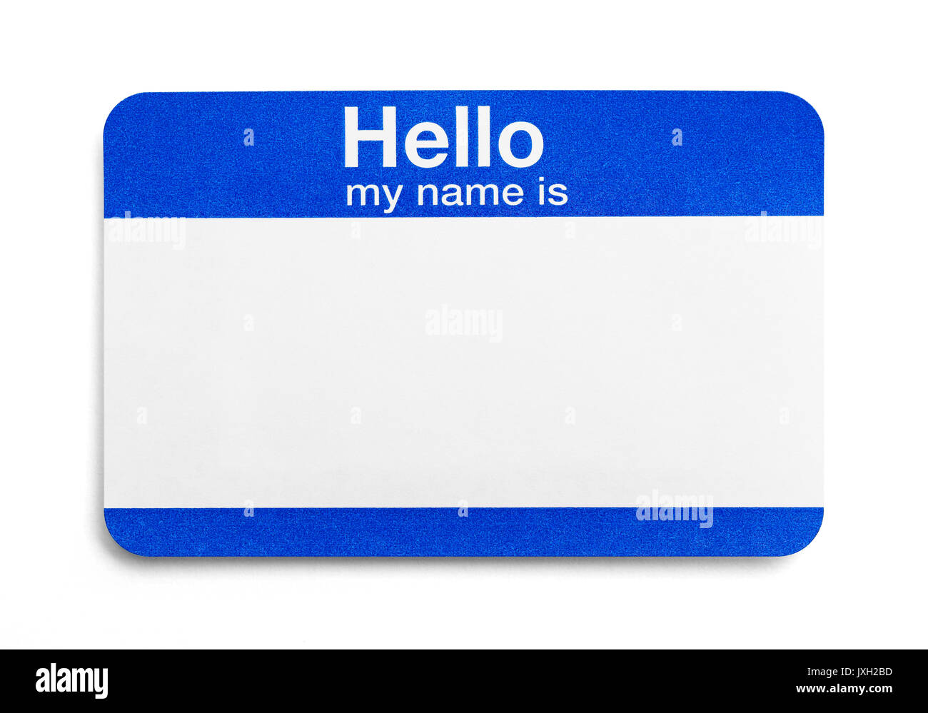 Blue Hello Greeting Name Tag Isolated on White Background Stock Photo -  Alamy