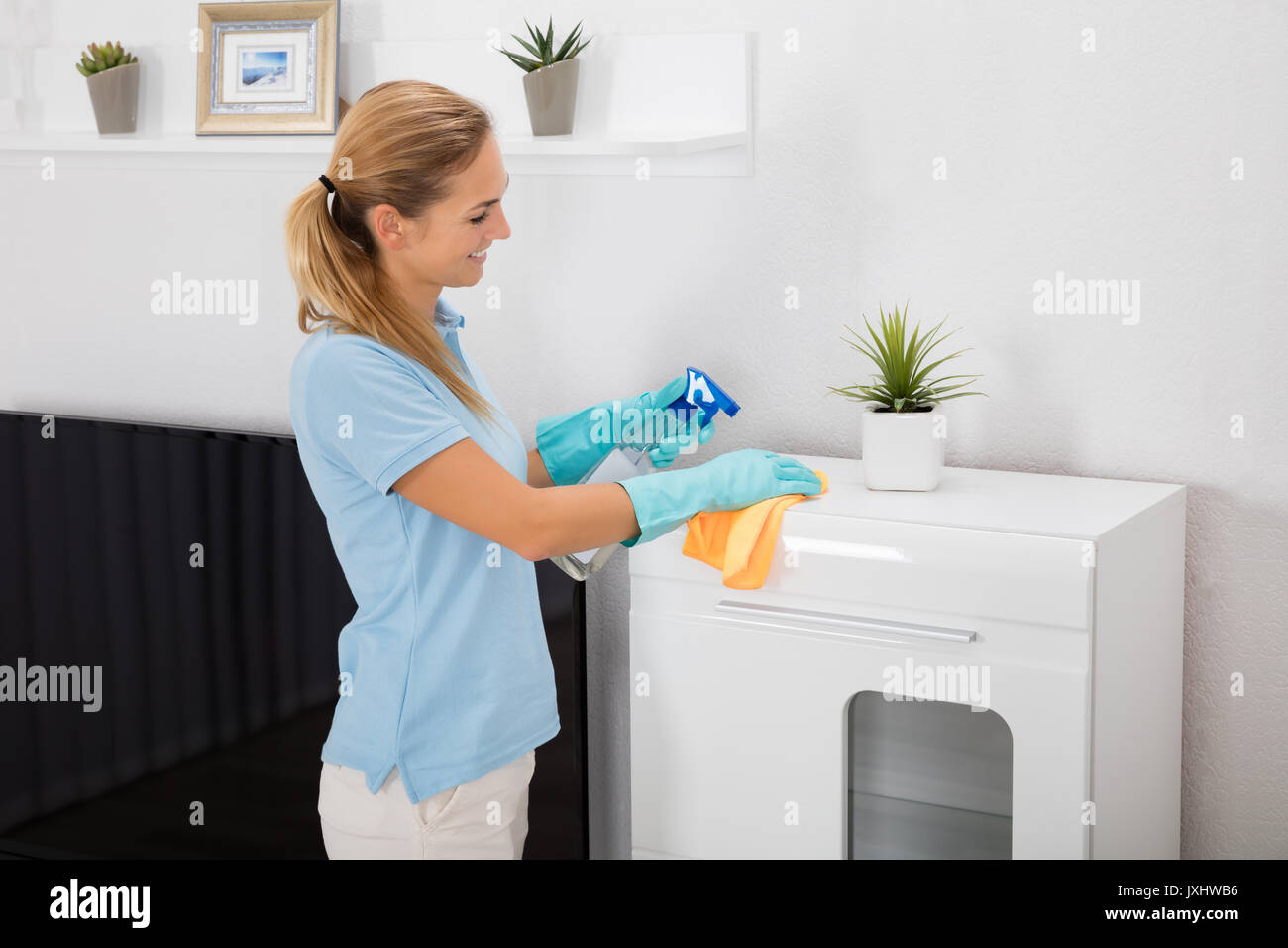 Young Woman Using Spray Bottle And Cloth To Clean The Furniture Of The House Stock Photo
