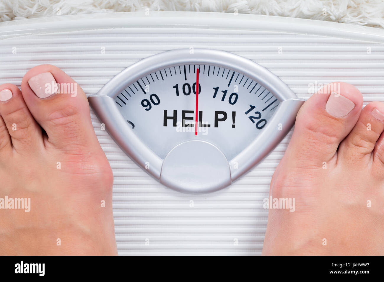 Close-up Of Overweight Person Feet On Weight Scale Indicating Help Stock Photo