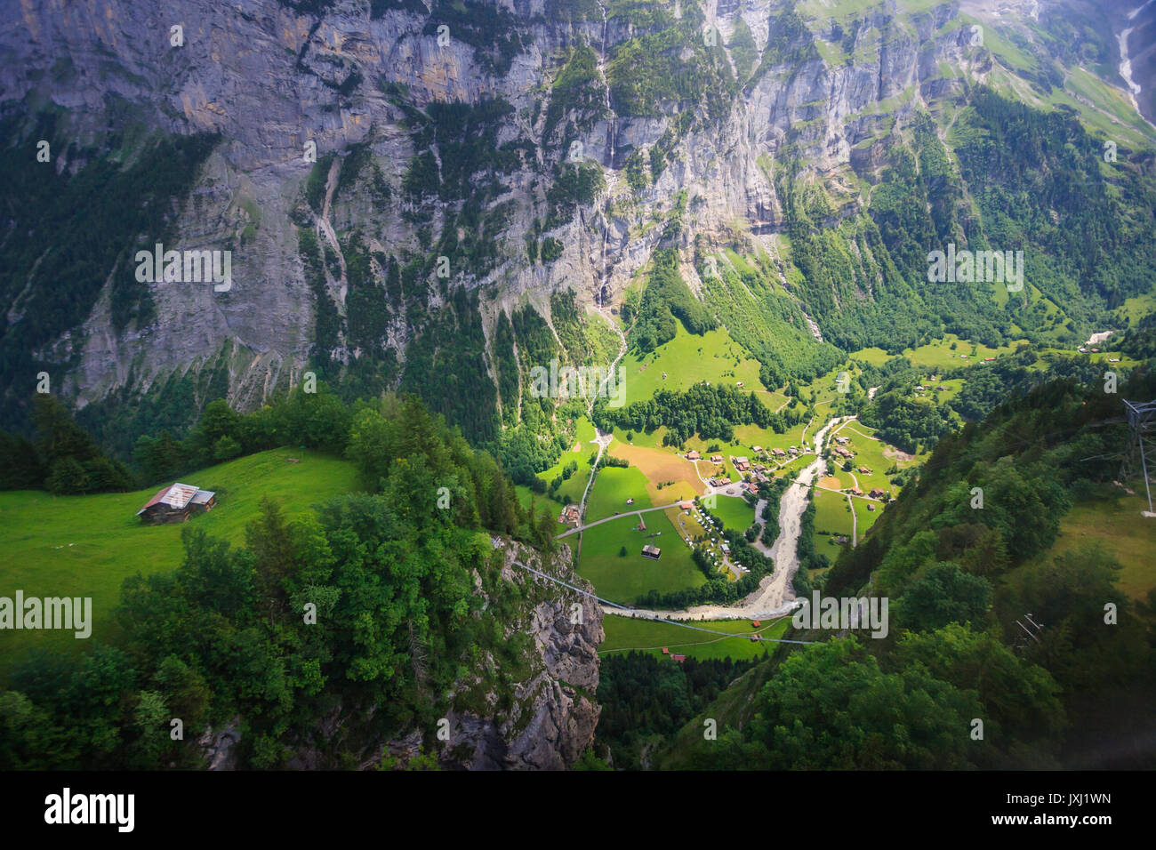 Stunning Lauterbrunnen valley rural view, bird eye view from cable car