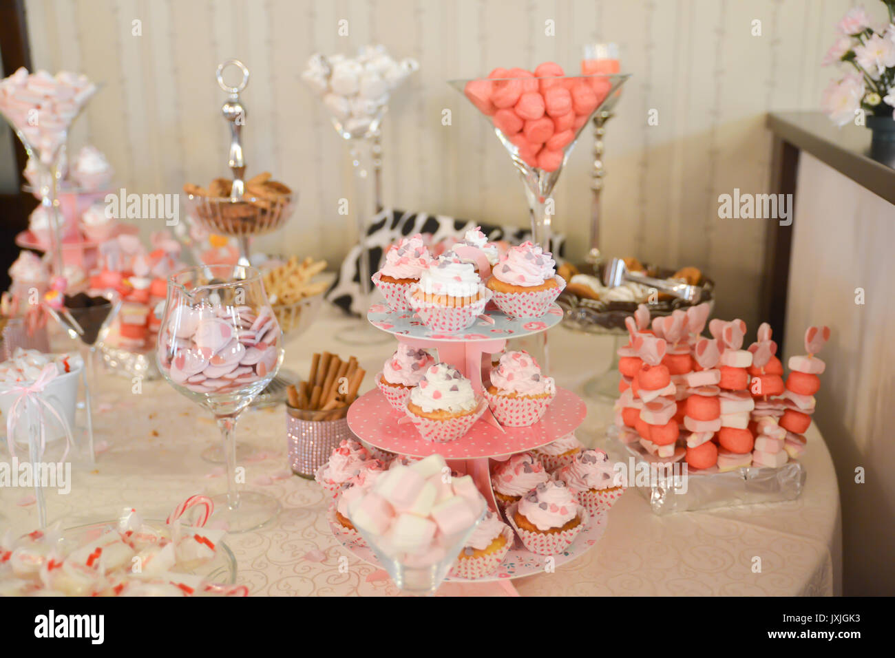 Candy Bar Sweets Arrangements For Wedding Reception Stock Photo