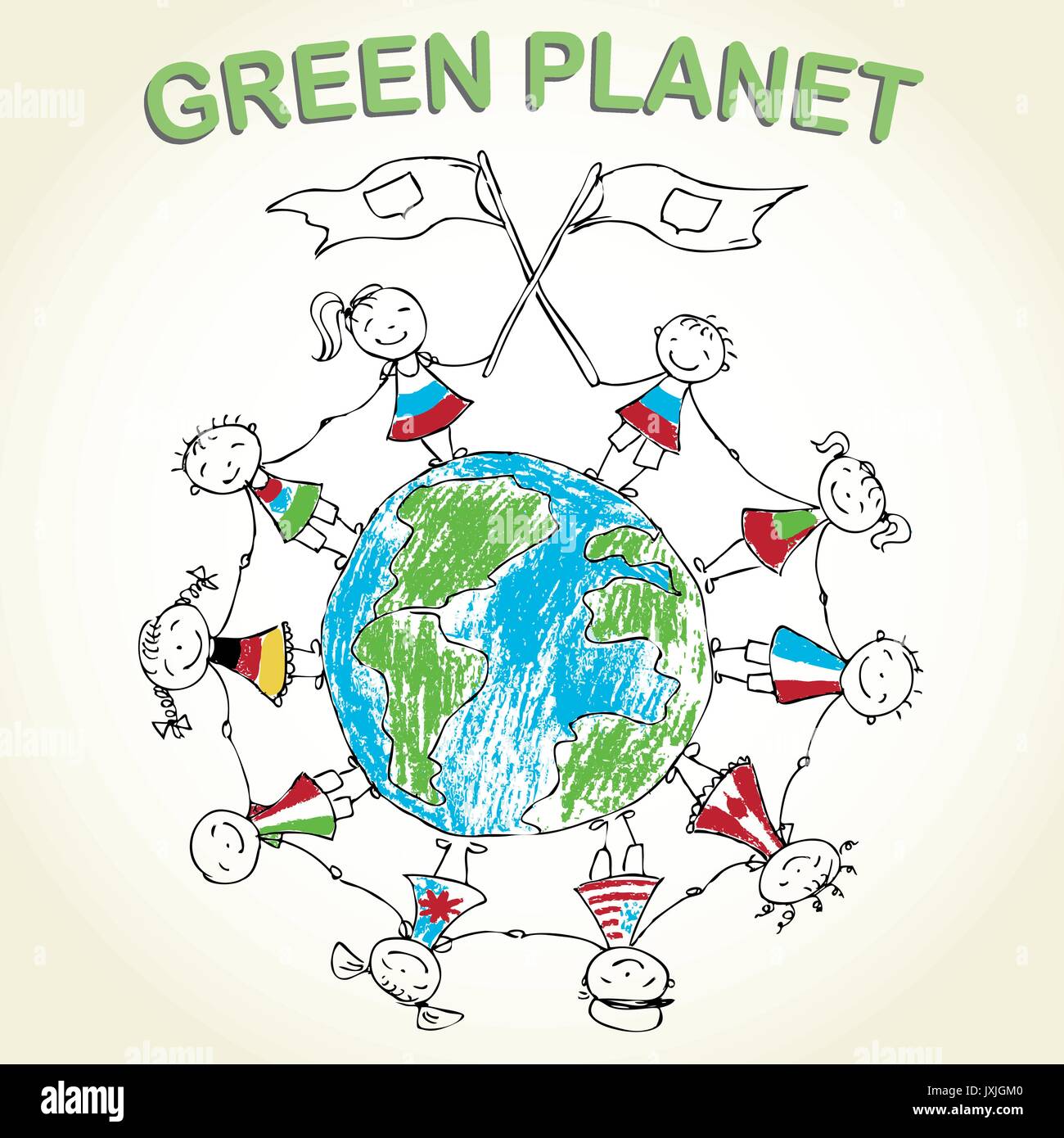multicultural children on green planet earth, vector illustration Stock ...