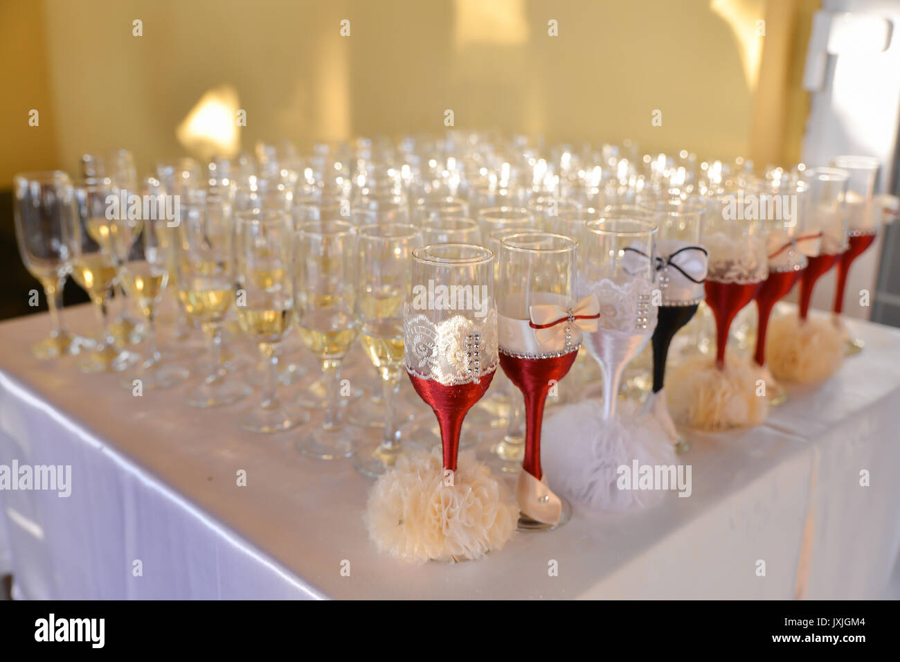 Champagne Glasses Arrangements For Wedding Reception Stock Photo