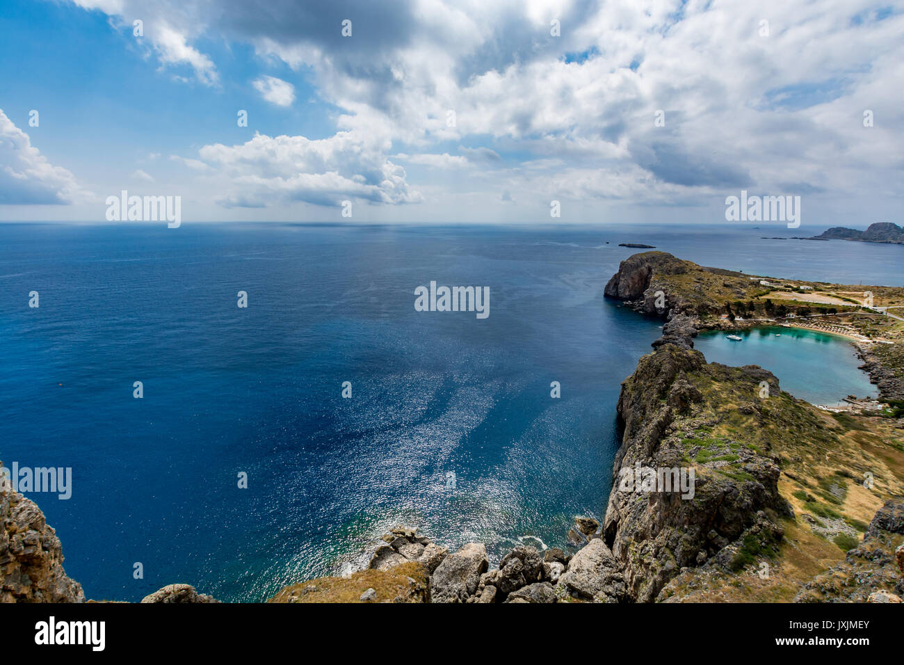 View of St Paul's Bay on a cloudy day, view from the Lindos castle, Rhodes island, Greece Stock Photo