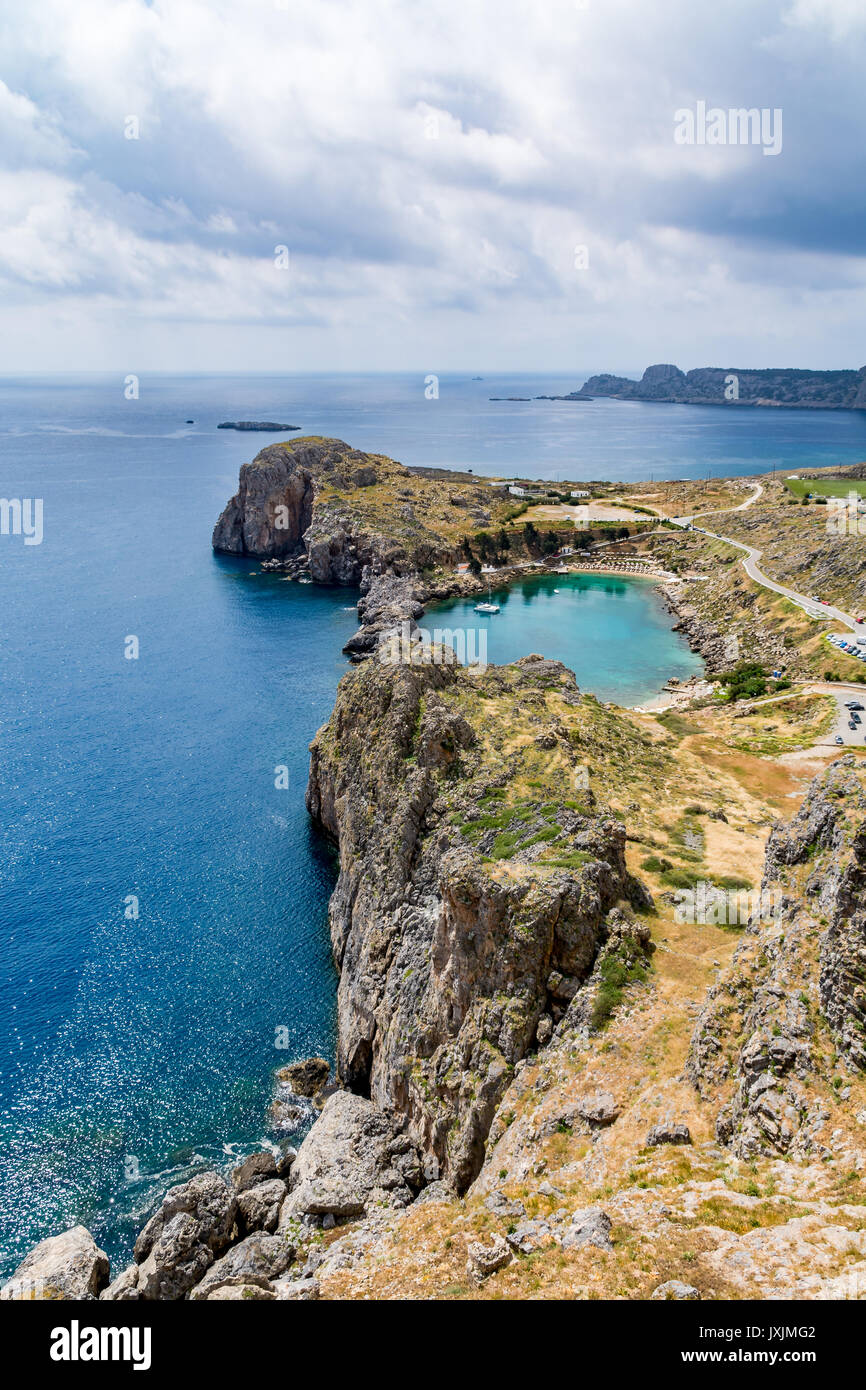 View of St Paul's Bay on a cloudy day, view from the Lindos castle ...