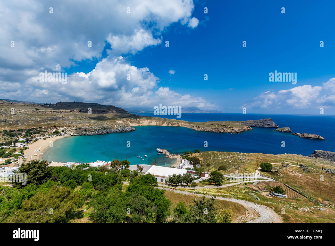 Panoramic view of Lindos bay and Megali Paralia beach from Lindos castle, Rhodes island, Greece Stock Photo