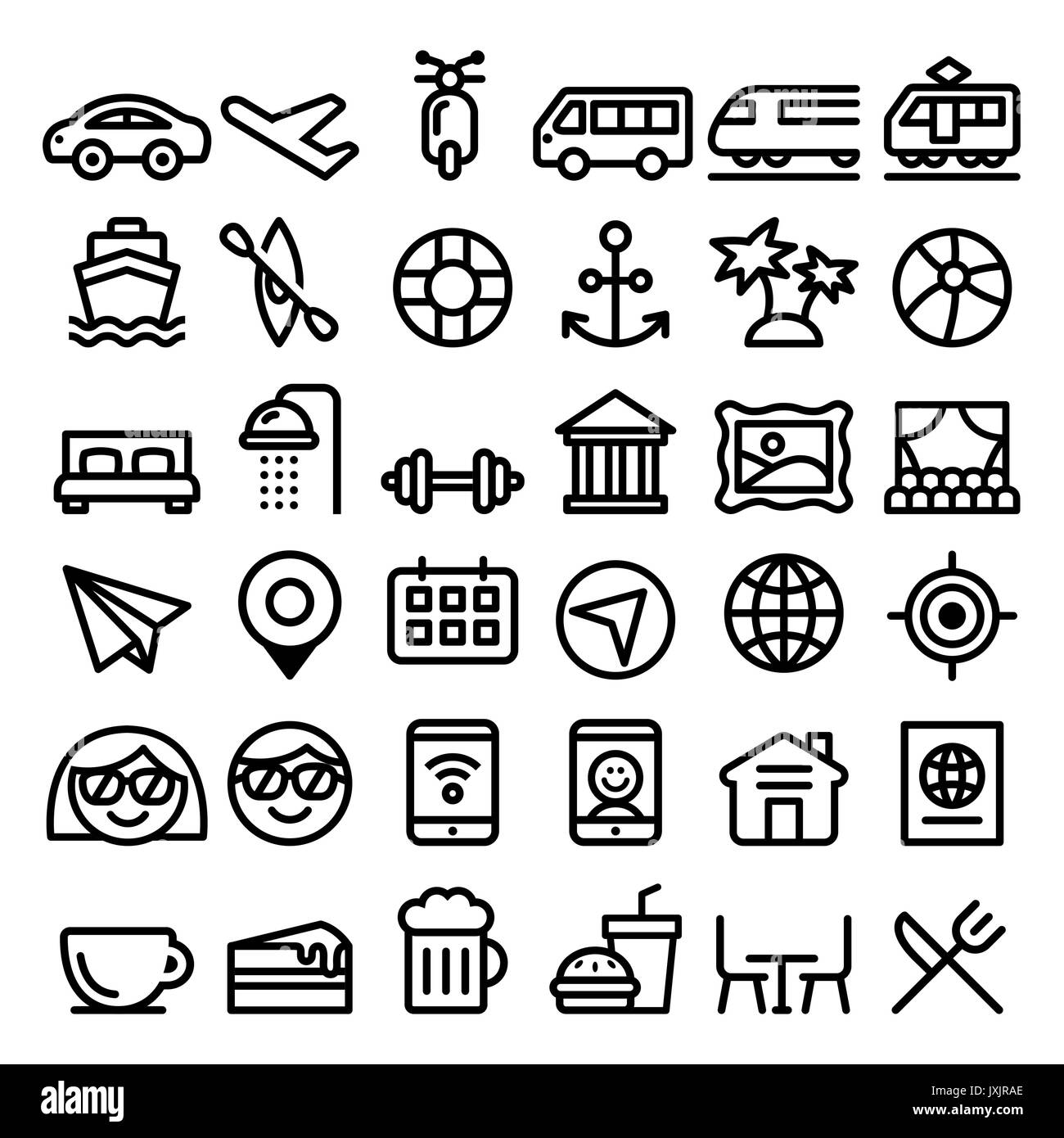 Travel vector line icons set, transport, holidays , entertainment minimalist design - big pack Stock Vector