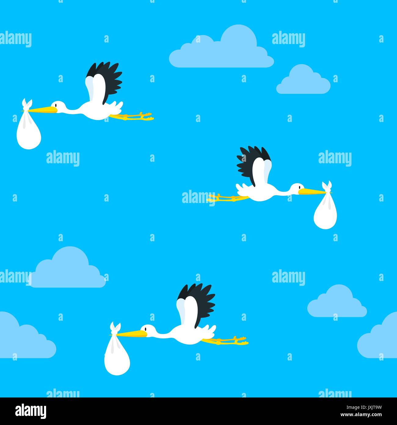 Seamless pattern of flying storks carrying a baby in a white bundle in their beaks against a blue cloudy sky, square format vector illustration Stock Vector