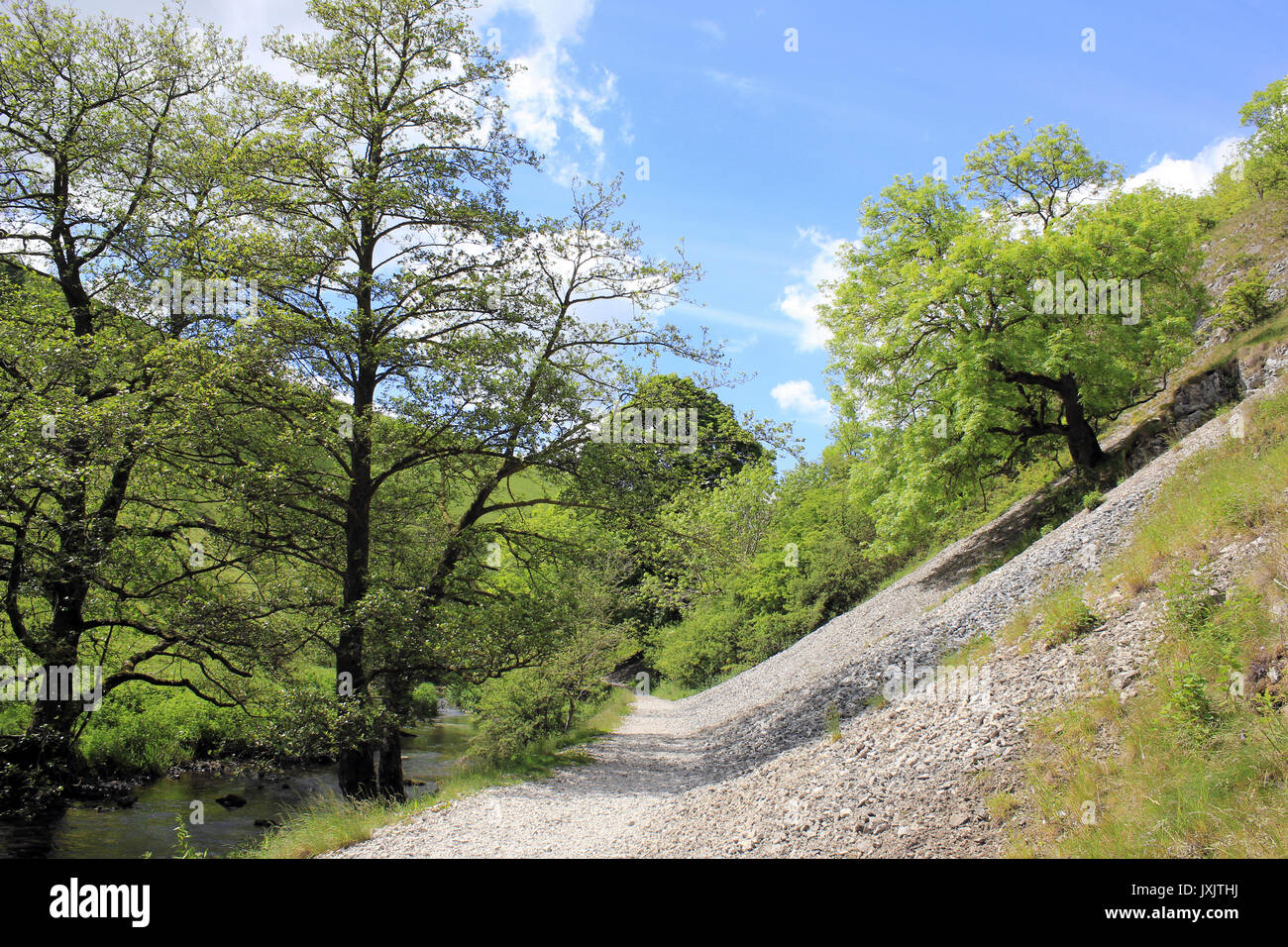 Path through Wolfcote Dale beside the River Dove, Derbyshire, UK Stock Photo