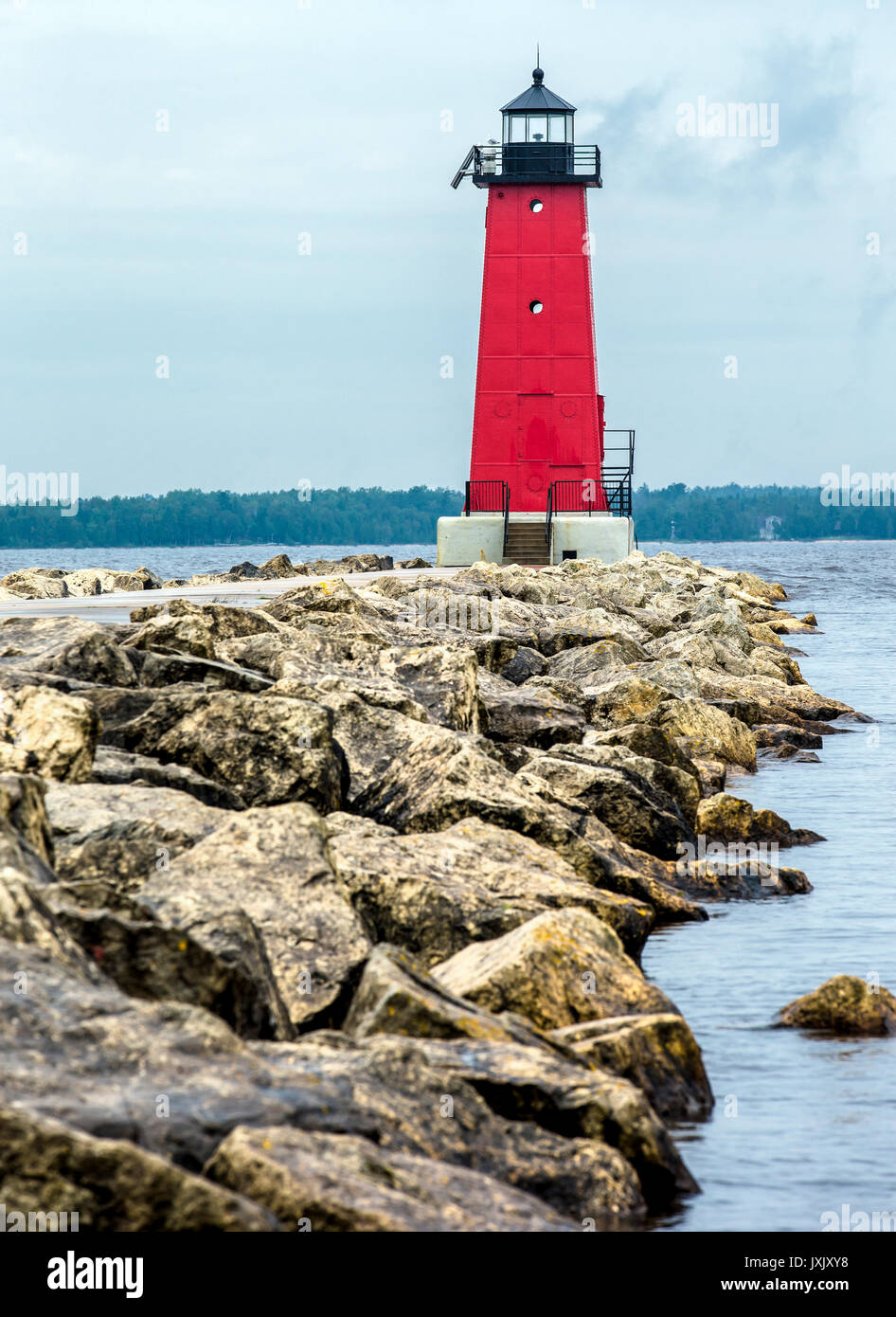 A view of Manistique East Breakwater Light located on Lake Michigan in Manistique, Upper