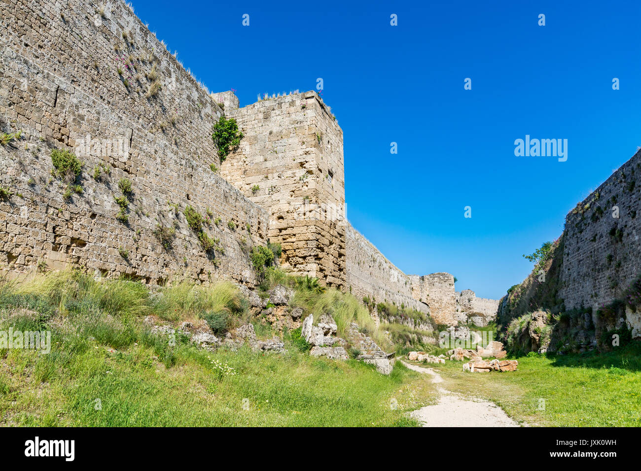 Amazing walls of a medieval city of Rhodes, Rhodes island, Greece Stock ...