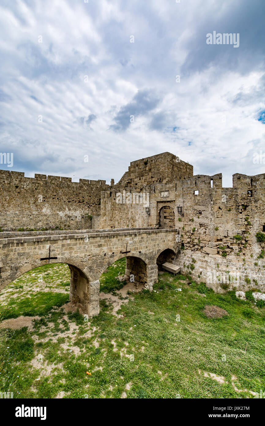 Second part of the Gate of Saint John (Koskinou Gate) and bridge leading to it, Rhodes old town, Greece Stock Photo