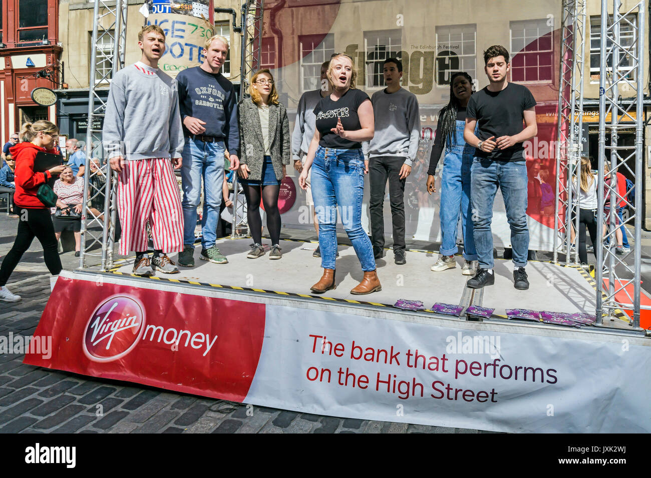 The Oxford Gargoyles performing jazz a cappella at Edinburgh Festival Fringe 2017 in the High Street of the Royal Mile Edinburgh Scotland UK Stock Photo