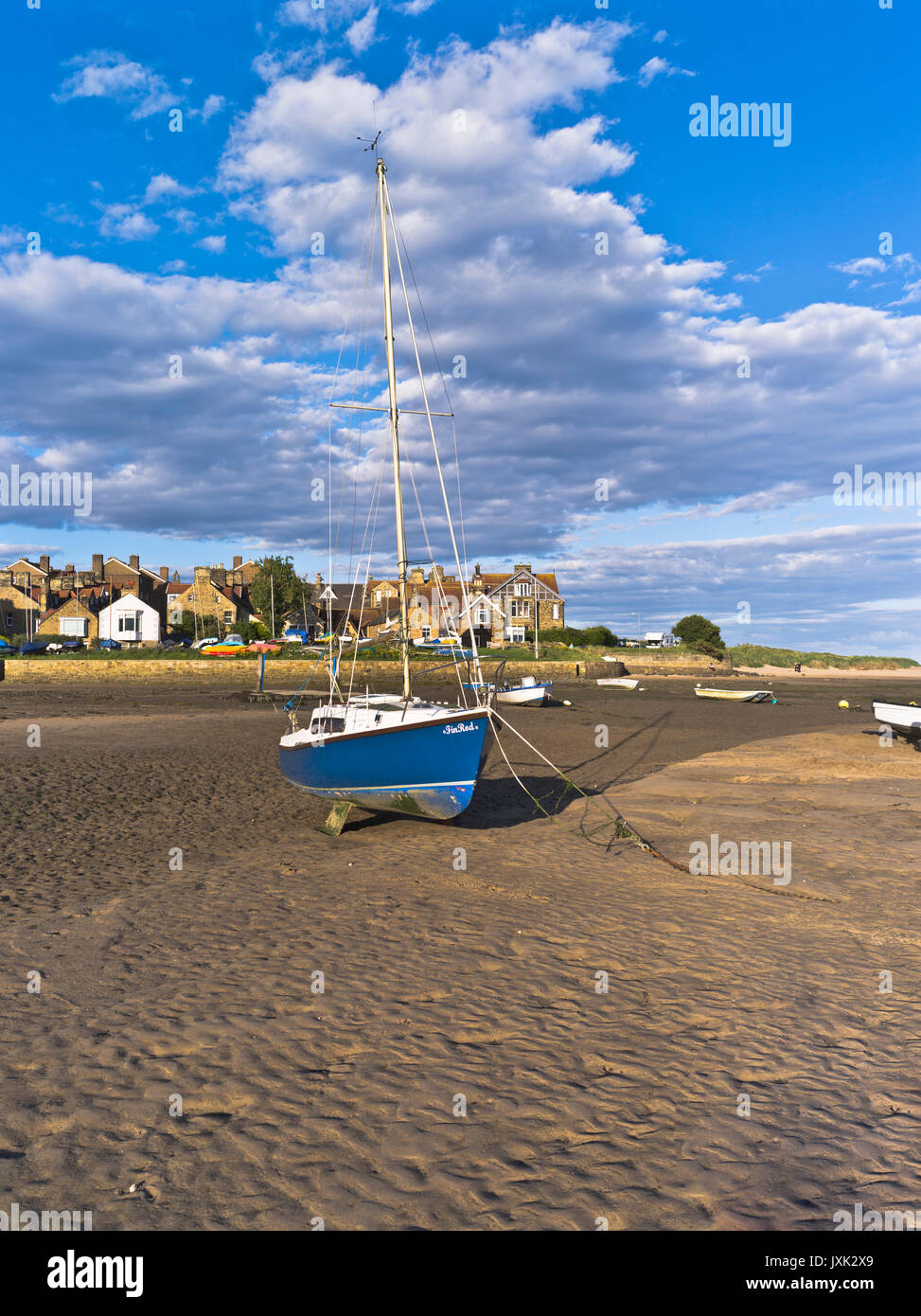 dh Northumbria anchorage england ALNMOUTH BAY NORTHUMBERLAND Yacht boat summer evening at anchor britain in ebb tide harbor east coast anchored uk Stock Photo