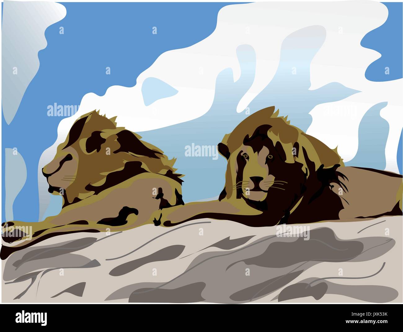 Two lions on the hill. Votsvana. An excellent illustration. Africa. Big cats. Stock Vector