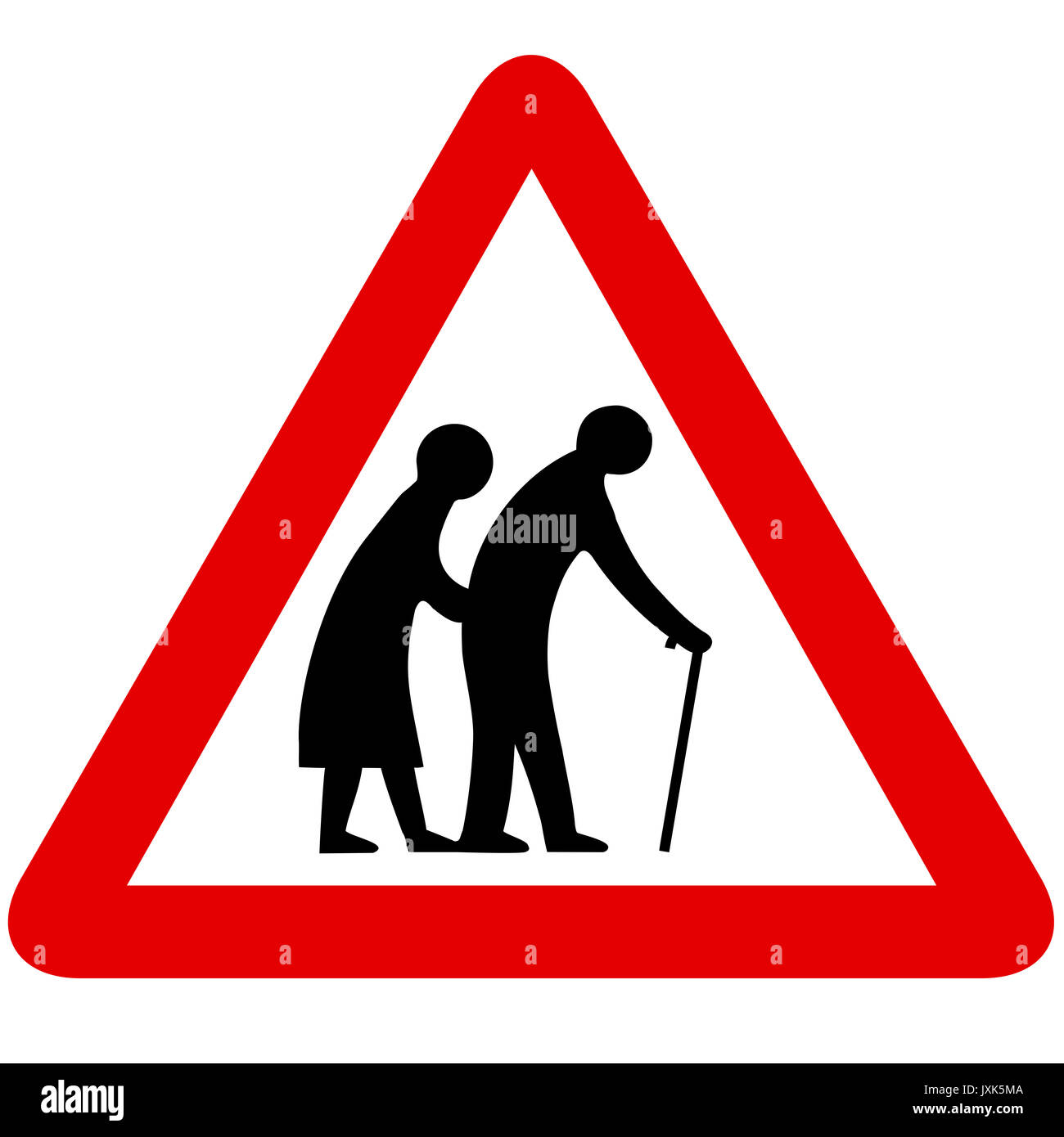 Frail pedestrians likely to cross road ahead road sign on white background Stock Photo