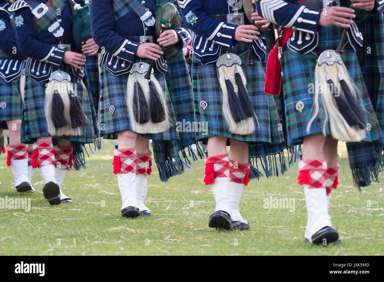 Ballater, Scotland - August 10th, 2017: The Ballater Pipe Band 'Beating the Retreat' in the town square after the Highland Games. Stock Photo