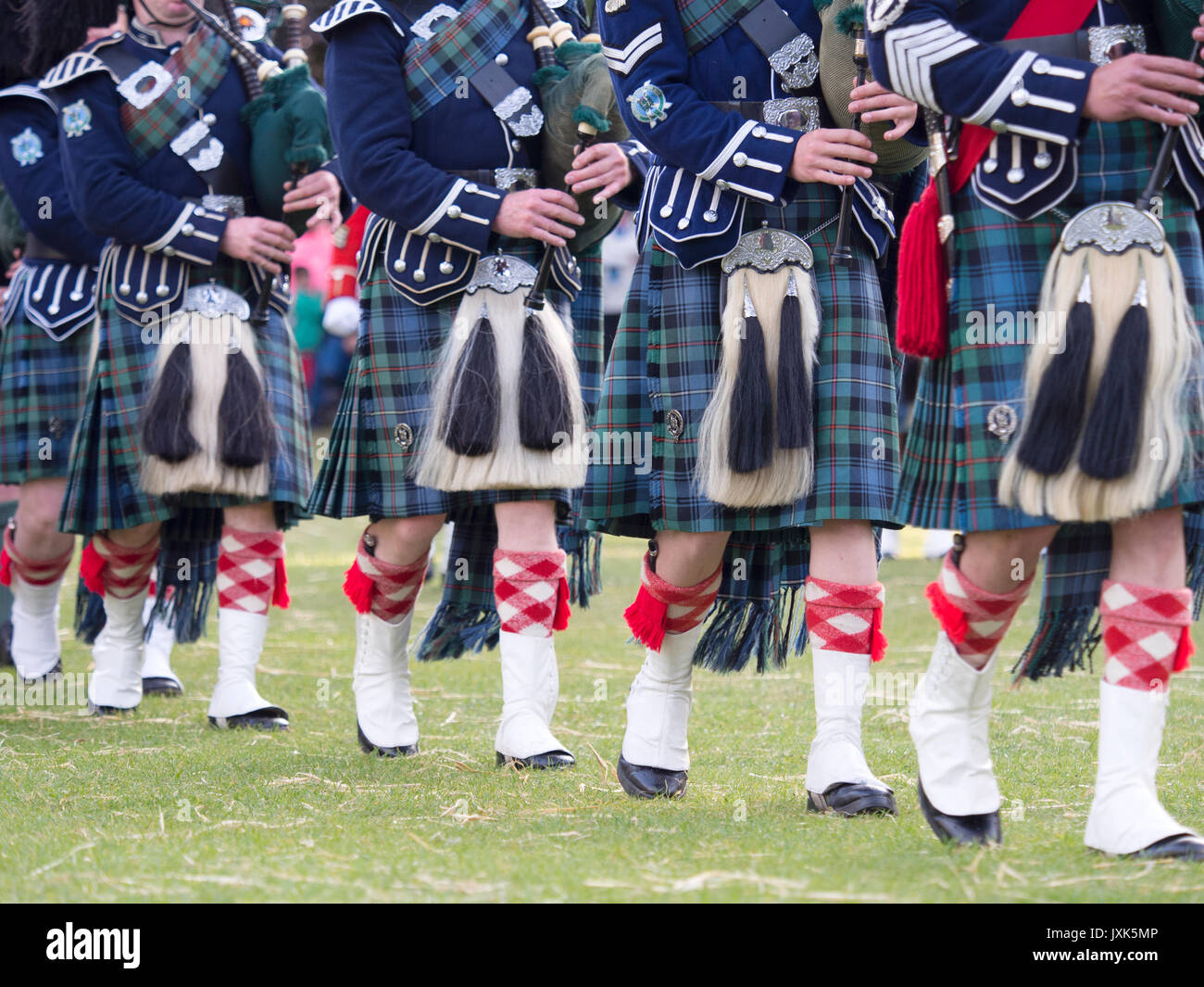 Ballater, Scotland - August 10th, 2017: The Ballater Pipe Band 'Beating the Retreat' in the town square after the Highland Games. Stock Photo