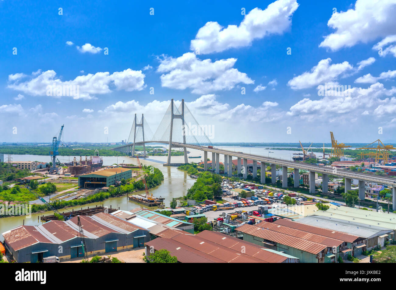 Aerial view of the Phu My suspension bridge, this is building beautiful cable-stayed bridge Stock Photo