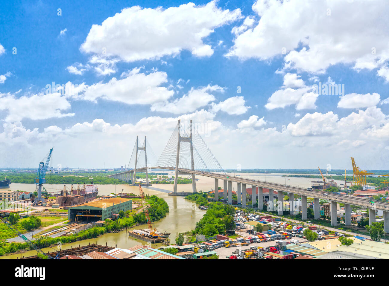 Aerial view of the Phu My suspension bridge, this is building beautiful