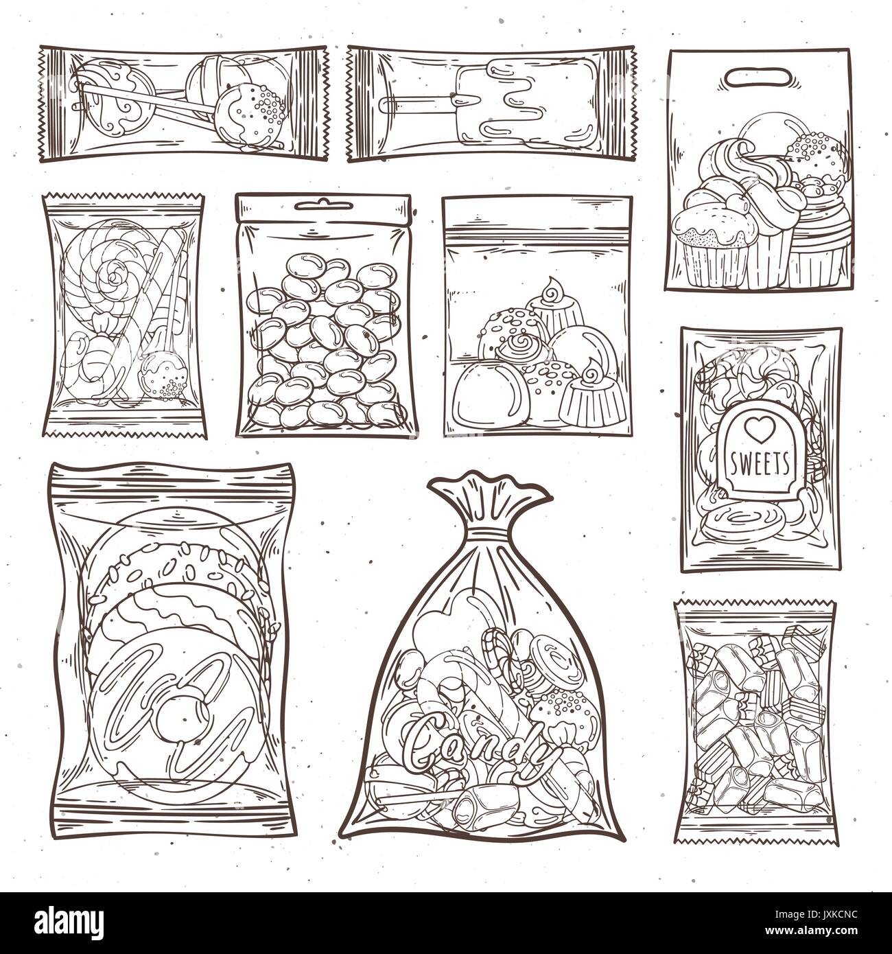 Sweets, candy and cakes in plastic bags and packages. Vector