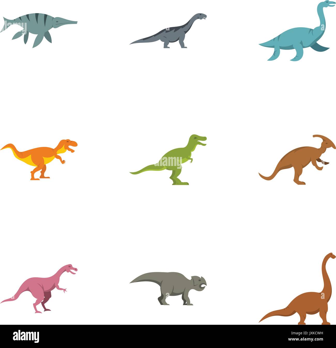 Different dinosaur icons set, flat style Stock Vector