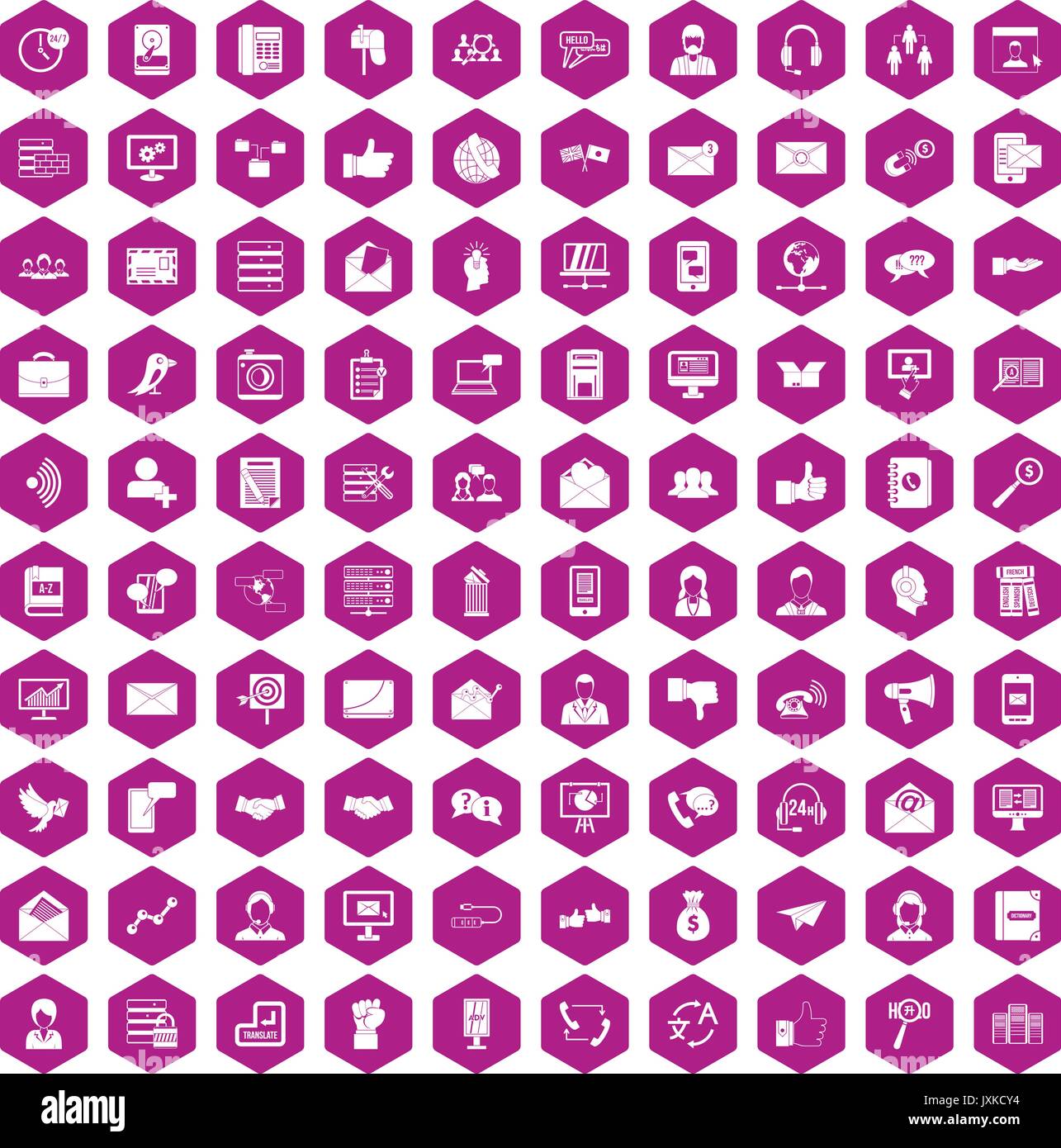 100 interaction icons hexagon violet Stock Vector