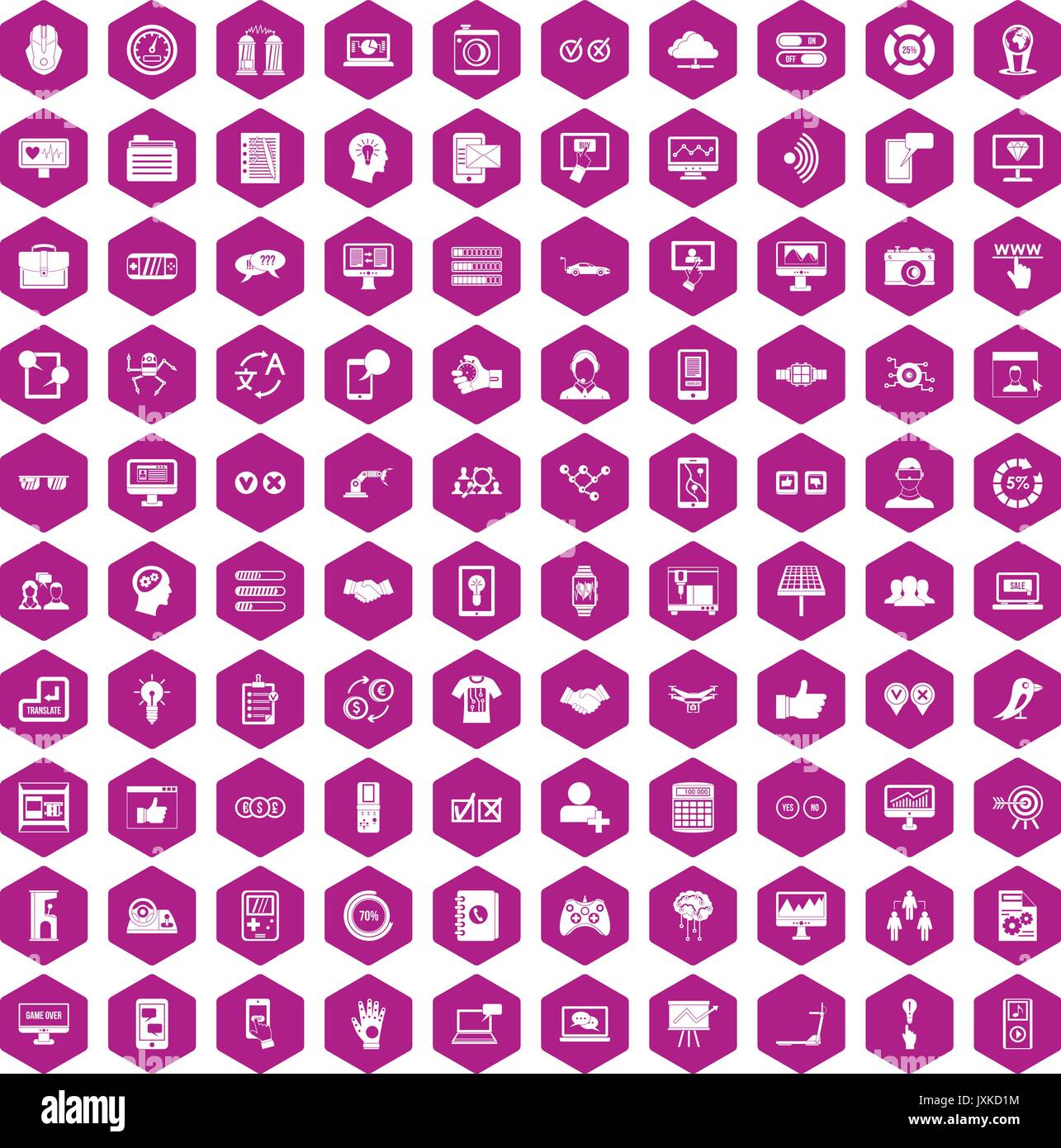 100 interface icons hexagon violet Stock Vector
