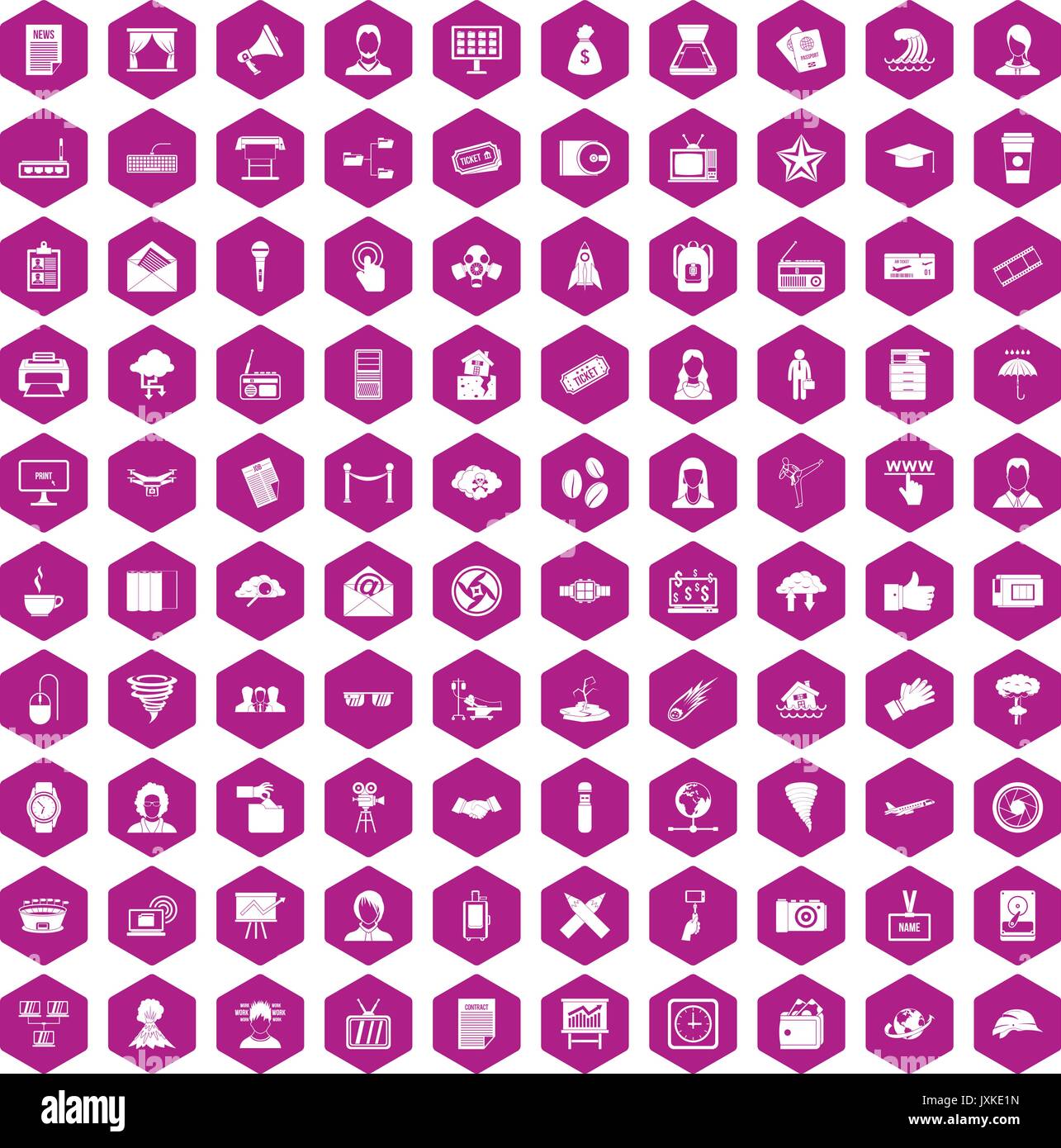 100 journalist icons hexagon violet Stock Vector