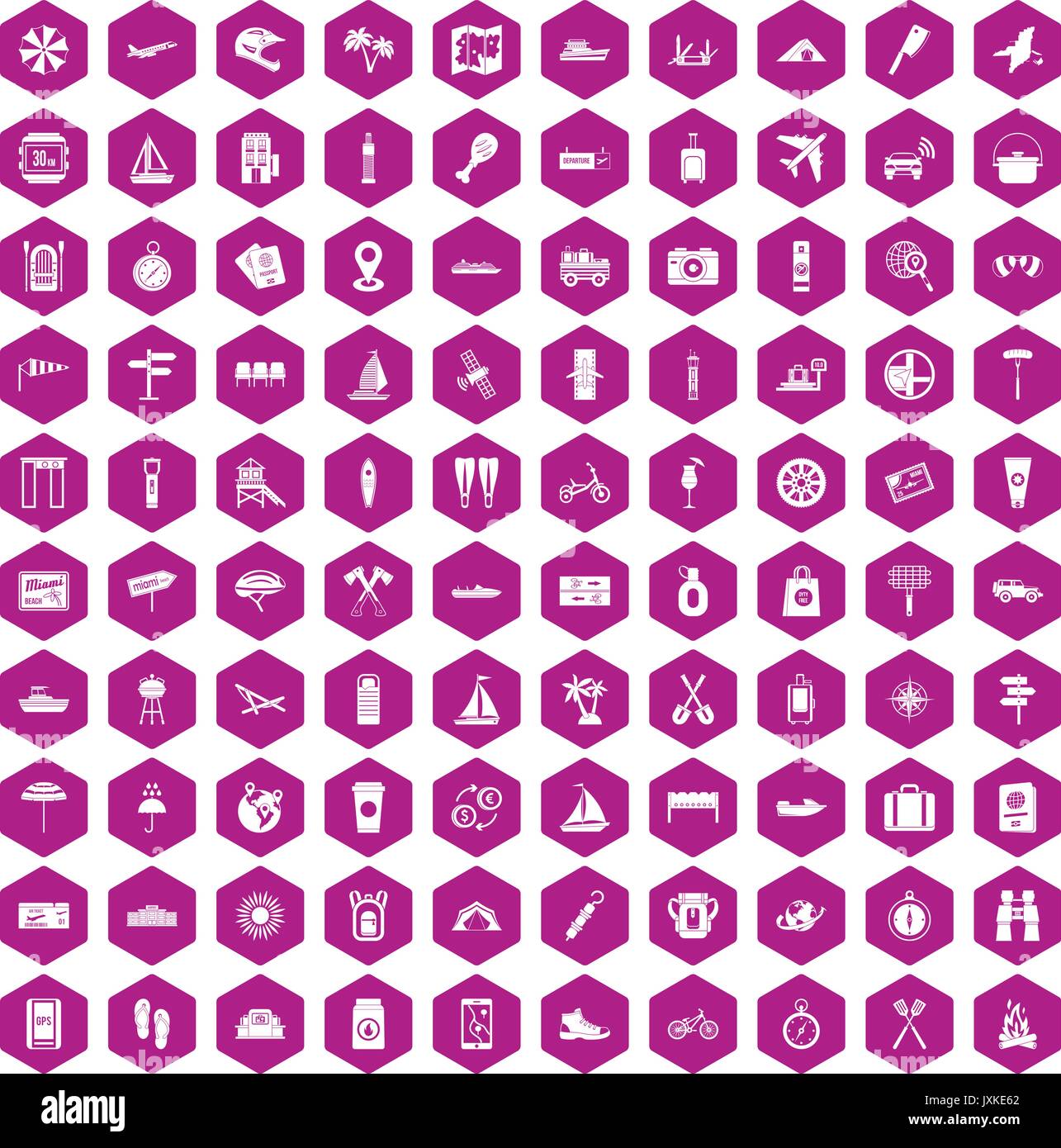 100 journey icons hexagon violet Stock Vector